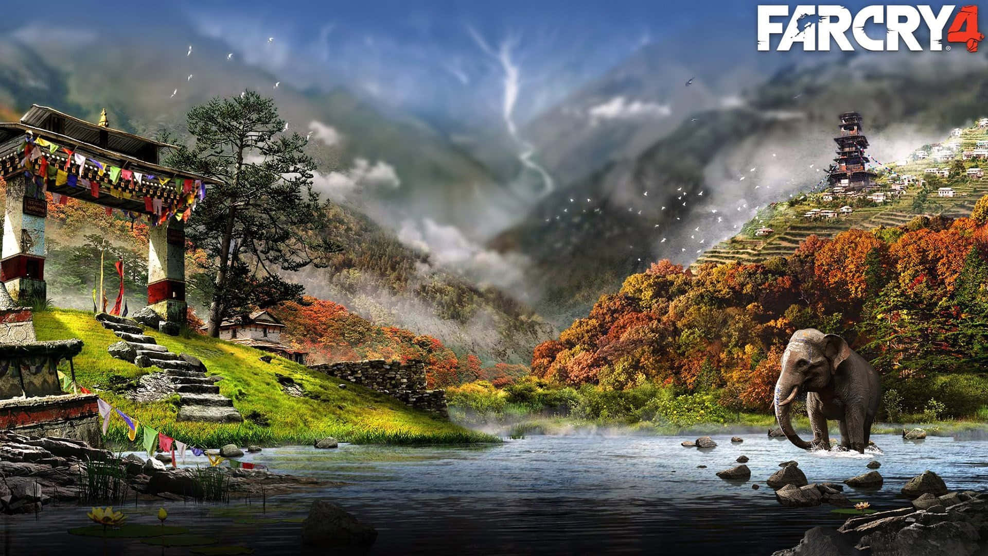 1920x1080《孤島驚魂4》背景：河中戲水象 壁紙 — 一頭大象在河邊涉水，旁邊是經幡門，霧氣繚繞的山巒和梯田山丘閃耀著秋色。