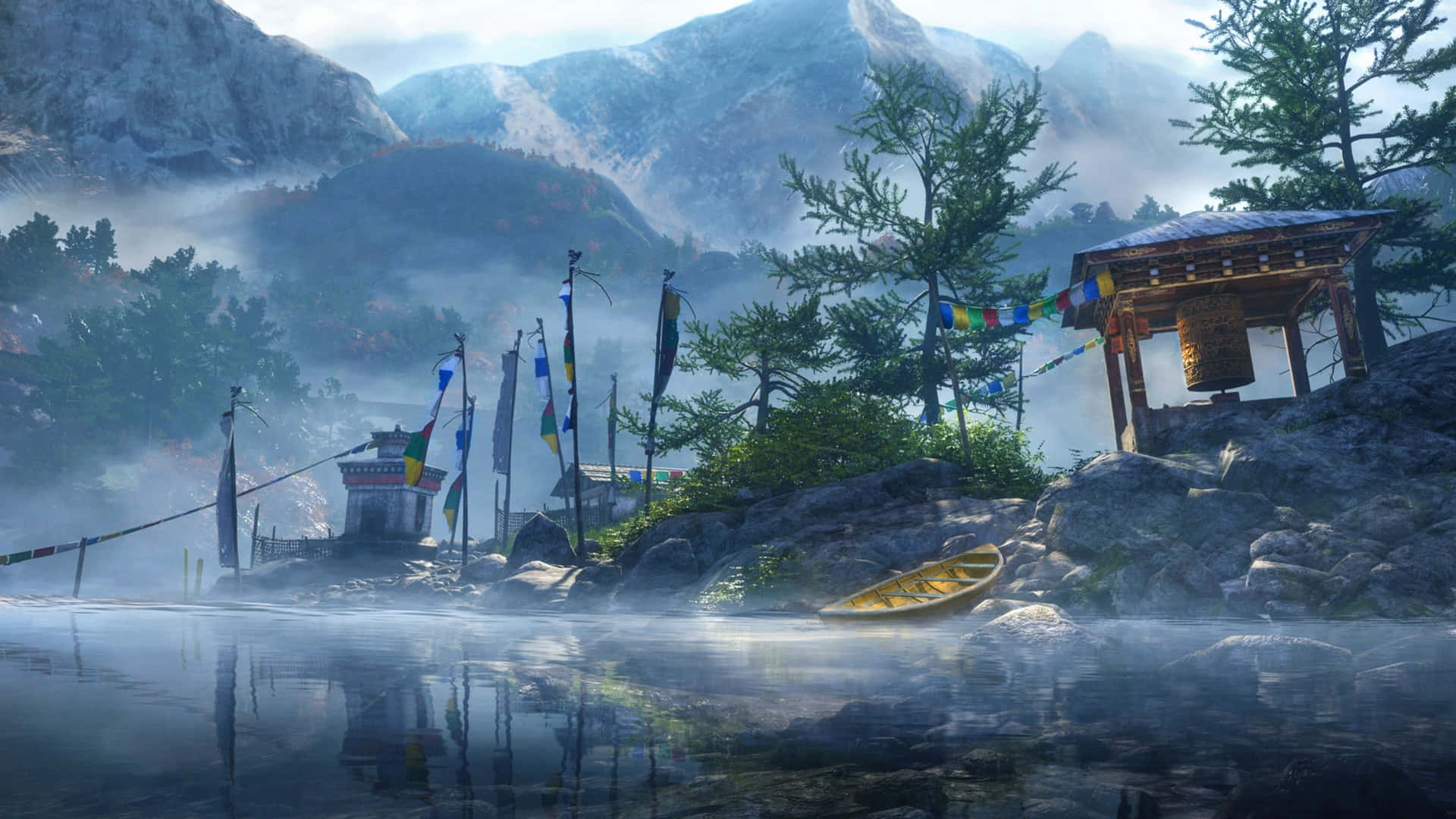 1920x1080《孤島驚魂4》背景：河畔小屋 壁紙 — 霧氣籠罩的山間湖泊倒映著經幡和木製神龕，一艘黃色小船停靠在岩石上。
