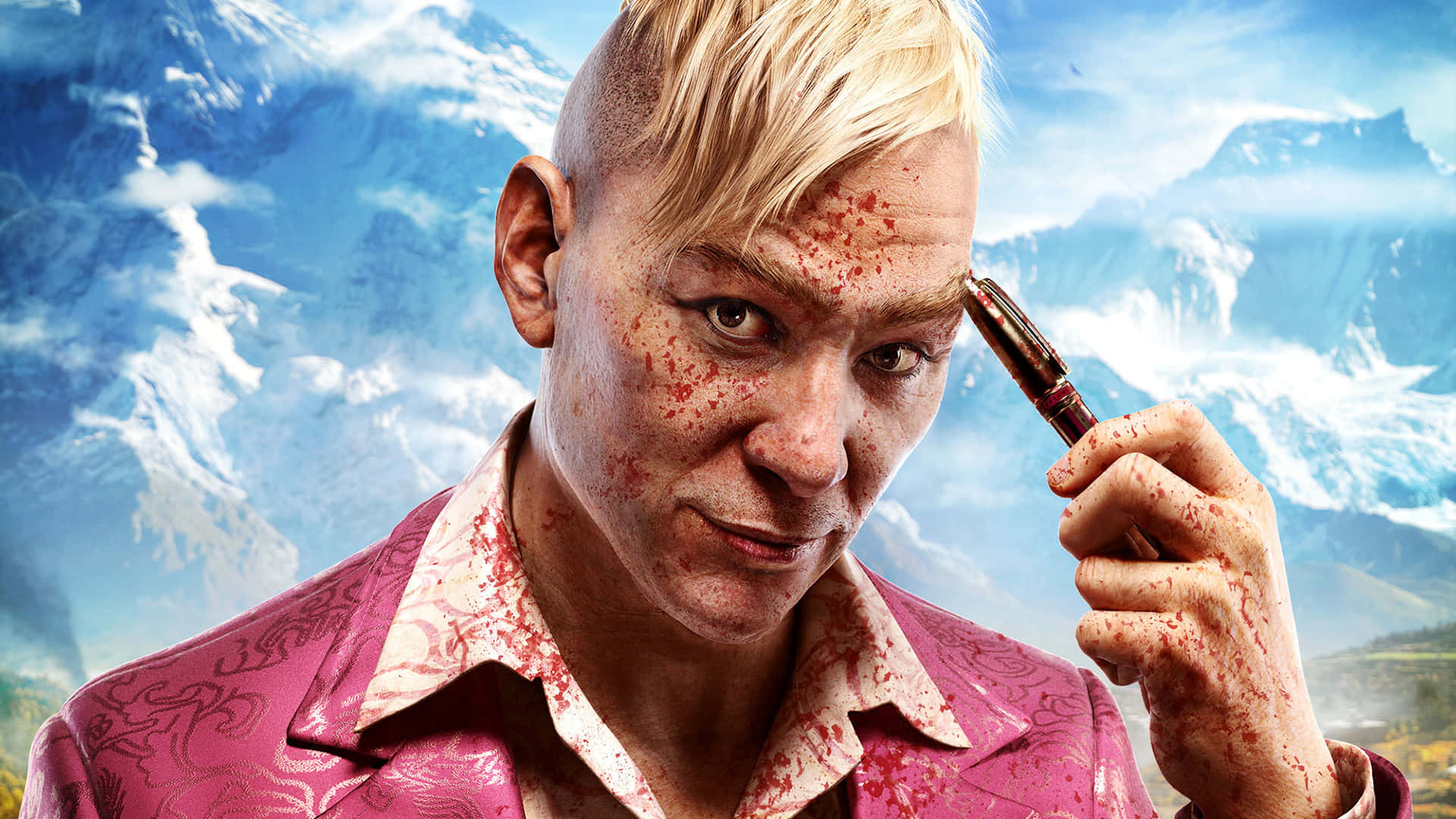 1920x1080《孤島驚魂4》背景：血跡滿面 壁紙 — 一個金髮、滿臉是血的男人，在白雪皚皚的山脈背景下，將一支沾血的筆抵在太陽穴上。