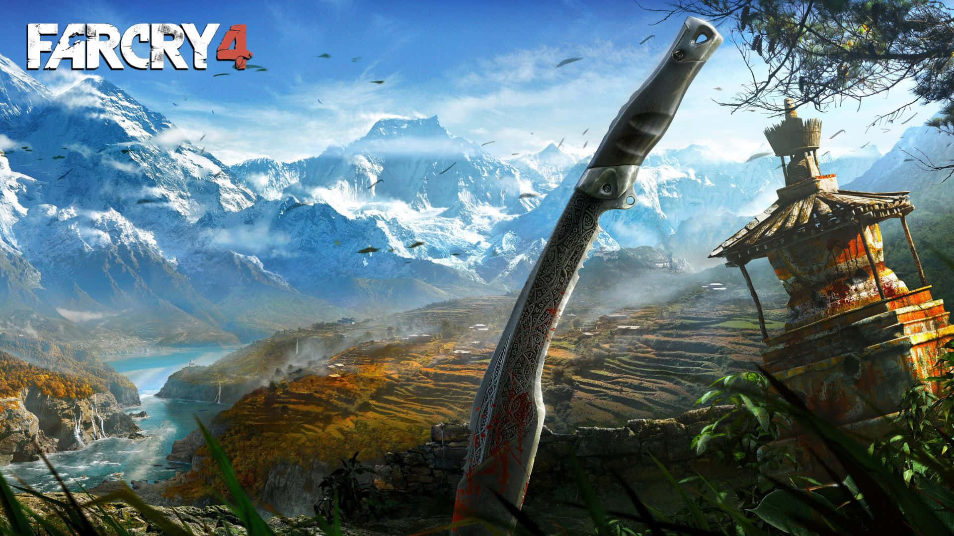 1920x1080《孤島驚魂4》背景：草地上的刀刃 壁紙 — 一把血跡斑斑的刀矗立在前景，俯瞰著廣闊的山谷，山谷中有積雪的山峰和傳統的佛塔，在明亮的藍天下。