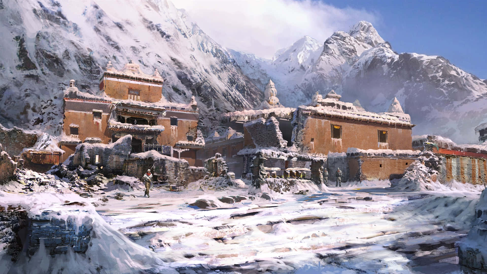 1920x1080《孤島驚魂4》背景：棕色建築 壁紙 — 白雪覆蓋的山間修道院，紅陶建築群坐落於高聳入雲的山峰之間，天空湛藍明亮。