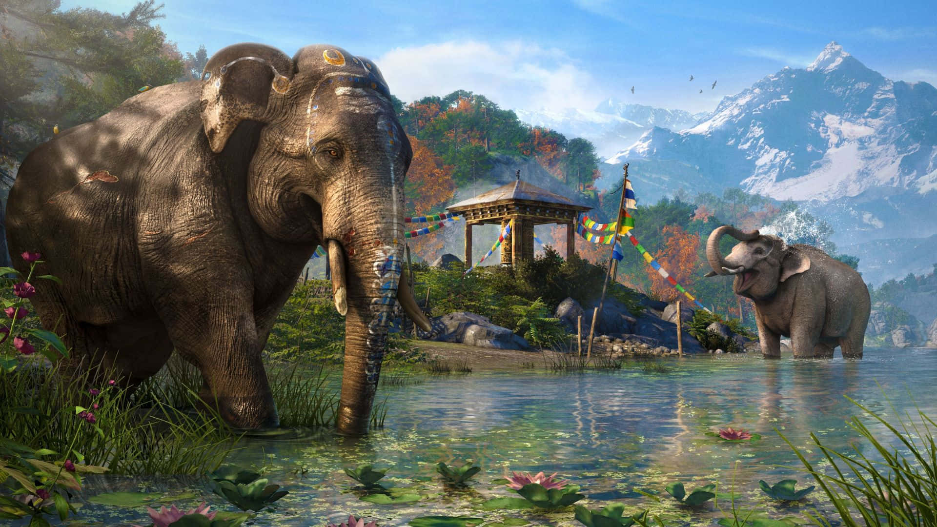 1920x1080《孤島驚魂4》背景：大象戲水 壁紙 — 兩頭雄偉的大象在寧靜的池塘中涉水，周圍環繞著蓮花和雪山，在明亮的藍天下。