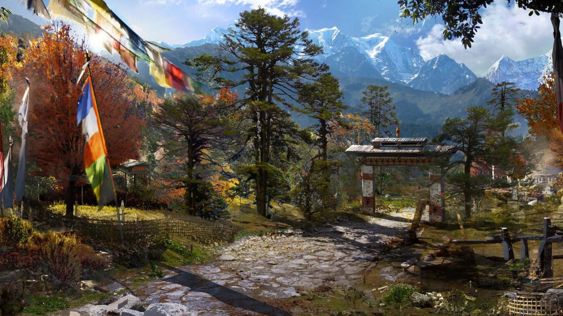 1920x1080《孤島驚魂4》背景：林蔭小徑與旗幟 壁紙 — 一條石徑蜿蜒穿過秋日樹林，通往一座背後有雪峰聳立的山門。