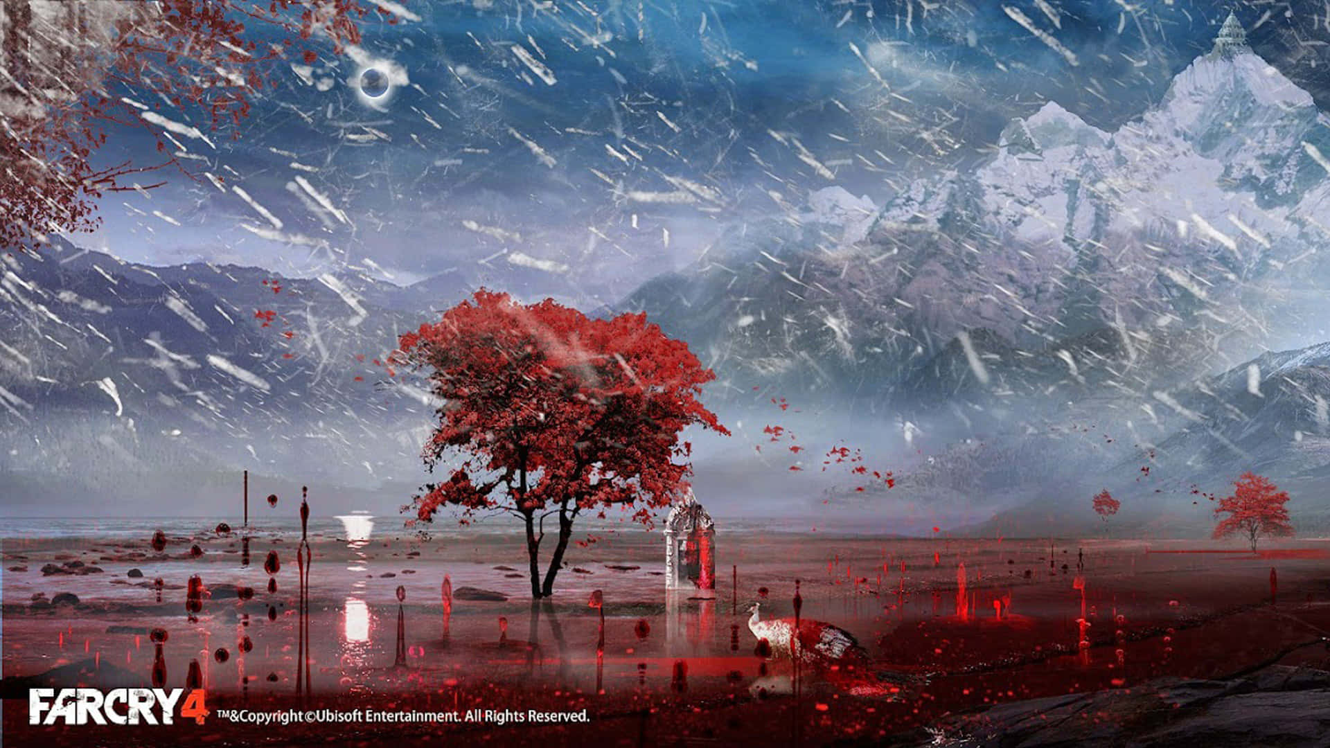 1920x1080《孤島驚魂4》背景：暴雪紅林 壁紙 — 一棵孤獨的紅樹矗立在洪水氾濫的山谷中，天空風暴來襲，雪花飄落，遠山作為背景。