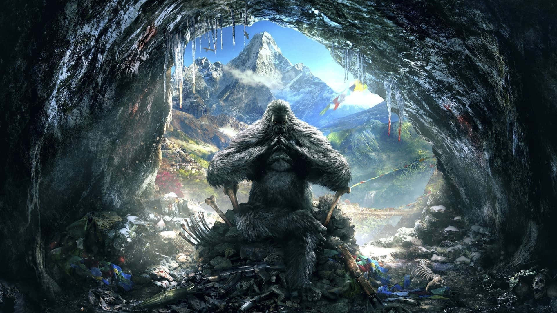1920x1080《孤島驚魂4》背景：洞穴 壁紙 — 一個毛茸茸的巨人坐在黑暗的洞穴中，凝視著明亮藍天下白雪覆蓋的山峰。