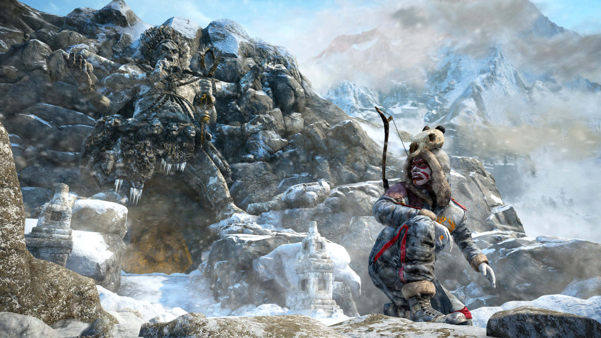 1920x1080《孤島驚魂4》背景：雪谷巨獸 壁紙 — 一名身穿毛皮襯裡裝備的戰士，在白雪皚皚的高山景觀中，跪在一個巨大的冰凍山巨人面前。