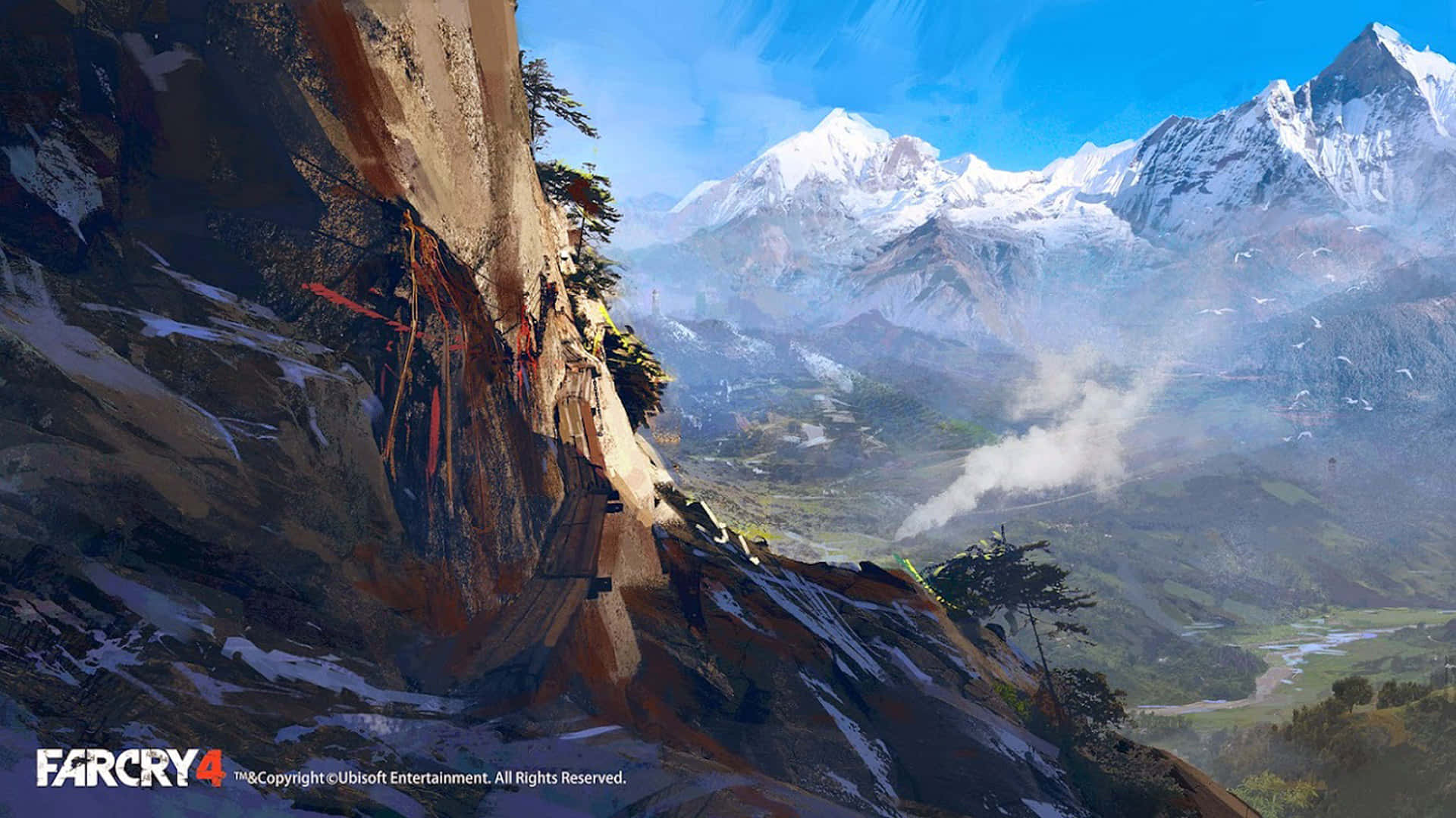 1920x1080《孤島驚魂4》山景背景 壁紙 — 壯麗的山景，白雪覆蓋的山峰和蜿蜒的懸崖小徑，在清澈的藍天下。