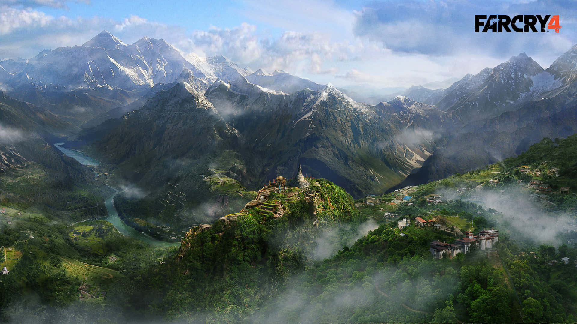 1920x1080《孤島驚魂4》背景：薄雲繚繞的綠色山巒 壁紙 — 一個霧氣瀰漫的山谷，白雪覆蓋的山峰俯瞰著蜿蜒的河流和一個坐落在翠綠山坡間的村莊。