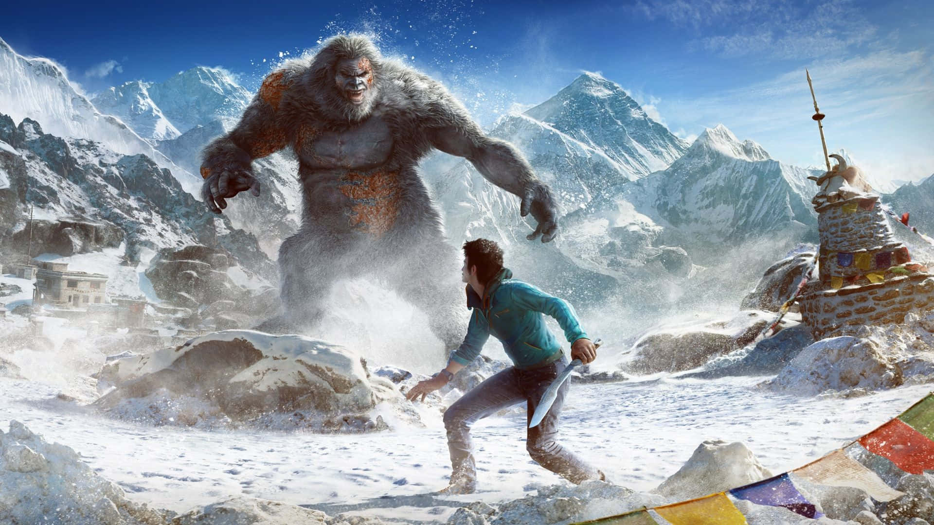 1920x1080《孤島驚魂4》背景：男子對峙雪地雪人 壁紙 — 一個男人喺一個有祈禱旗同寺院嘅雪山上村莊，從一個巨大嘅雪人Yeti度逃跑。