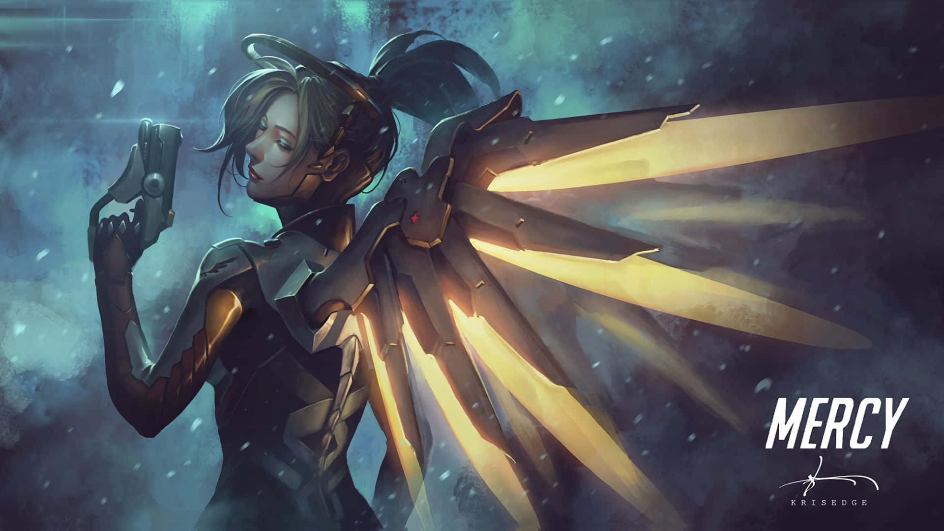 1920x1080《守望先鋒》 Mercy背景 壁紙 — 一位發光的天使戰士，擁有金色翅膀，在暴風雨的藍色背景下手持醫療設備。