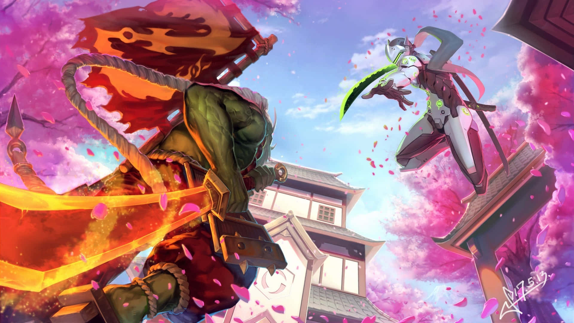 1920x1080《守望先鋒》櫻花戰場背景 壁紙 — 兩位動畫戰士在飄落的櫻花中交鋒，背景是傳統日本建築，天空色彩斑斕。