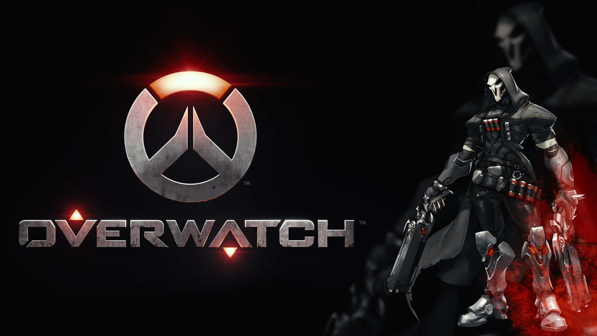 1920x1080《守望先鋒》遊戲標誌背景 壁紙 — Overwatch 標誌在黑暗背景中，旁邊有一個戴著連帽的士兵，帶有紅色發光效果，發出紅色光芒。