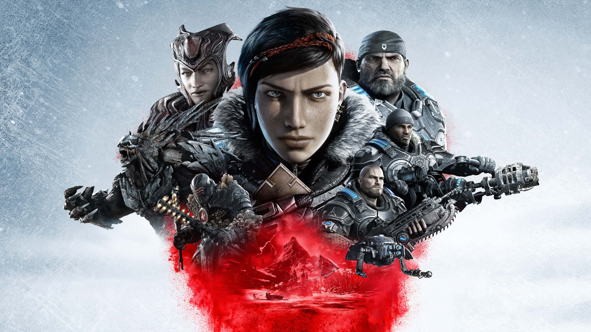 一群身穿盔甲的士兵手持武器，從雪景中的紅色飛濺中浮現。