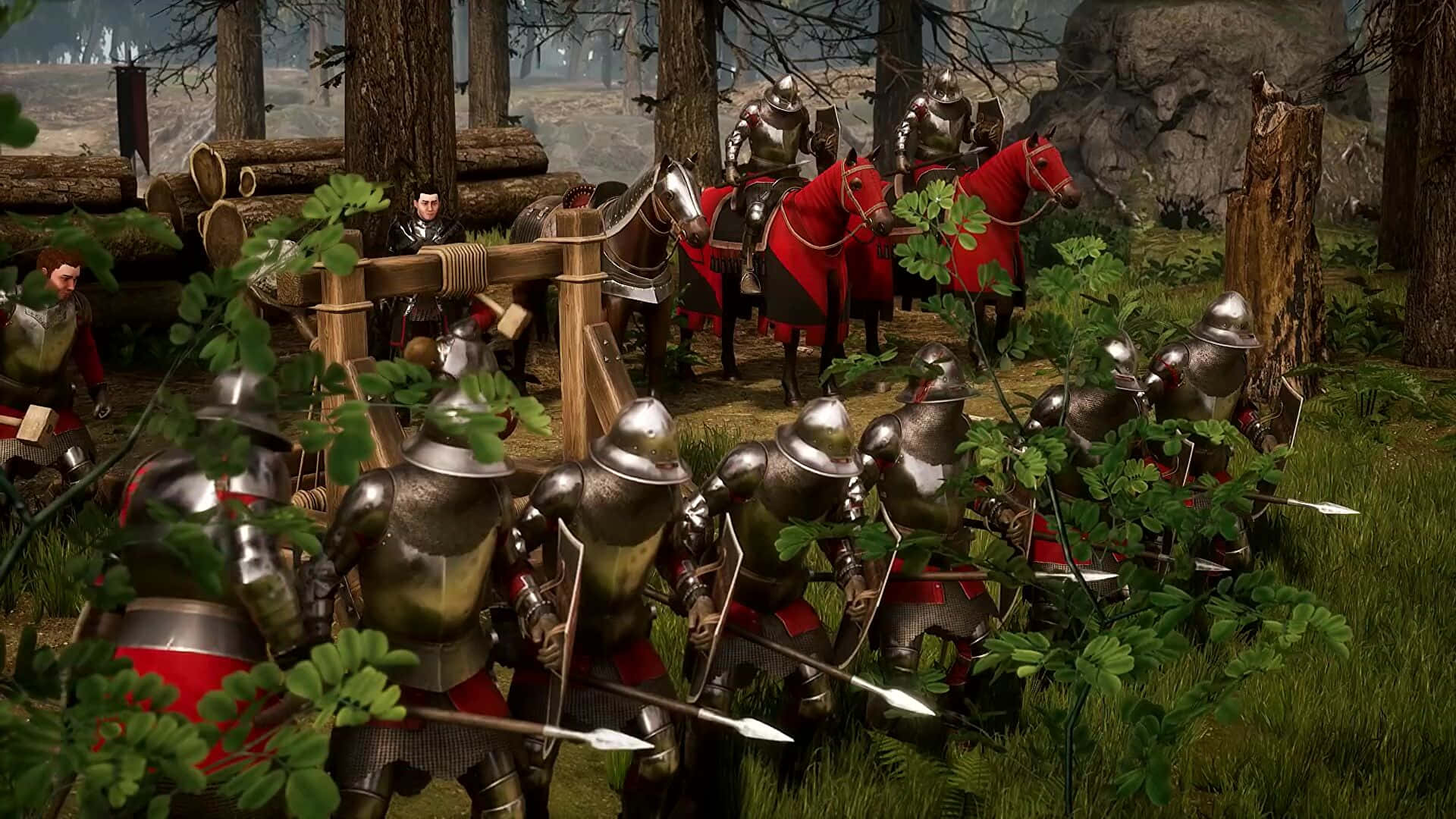 1920x1080 林間騎馬 Mordhau 背景 壁紙 — 騎馬和步行的裝甲騎士在茂密的森林空地中與木製路障和綠色樹葉交戰。