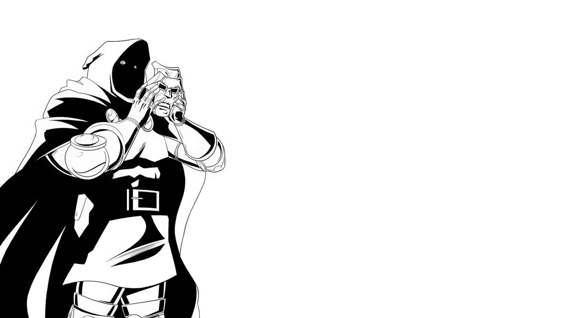 1920x1080《毀滅戰士》多克·杜姆剝下面具背景 壁紙 — 一幅黑白線條藝術插圖，描繪一個戴兜帽的人物以動態姿勢手持未來武器。