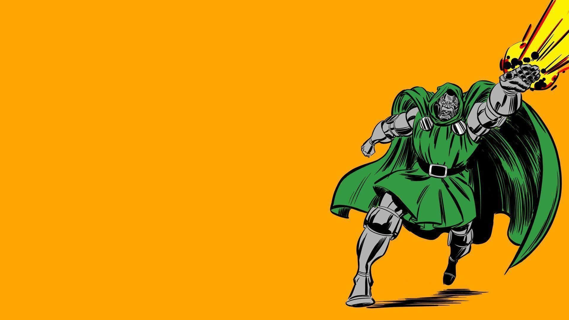 1920x1080《毀滅戰士》多克·杜姆芥末黃背景 壁紙 — 一個漫畫風格的惡棍，身穿綠色斗篷和銀色盔甲，在純橙色背景上發射黃色能量爆炸。