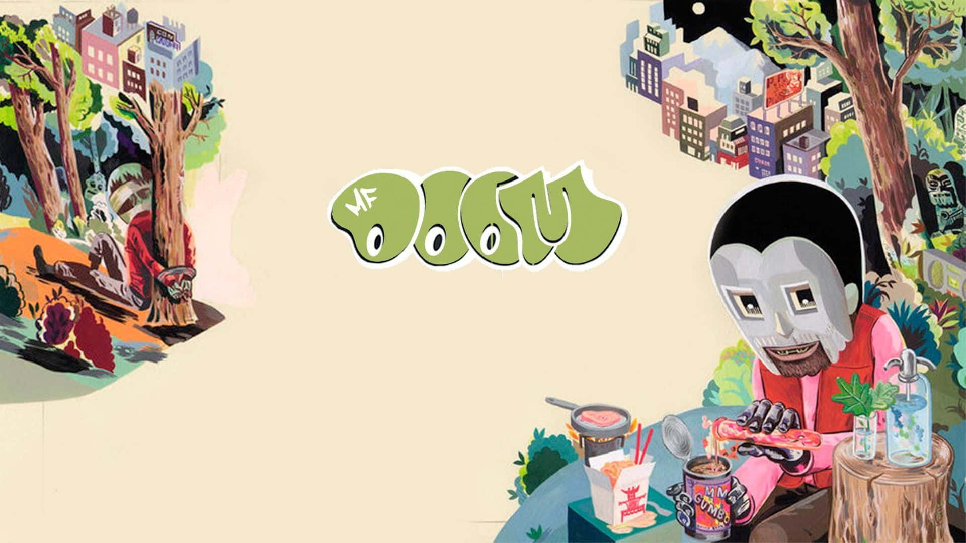 1920x1080《毀滅戰士》戰鬥場景，高畫質呈現 壁紙 — 一幅風格化插圖顯示兩個戴面具的人物在超現實森林中，周圍有漂浮的城市建築和食物。