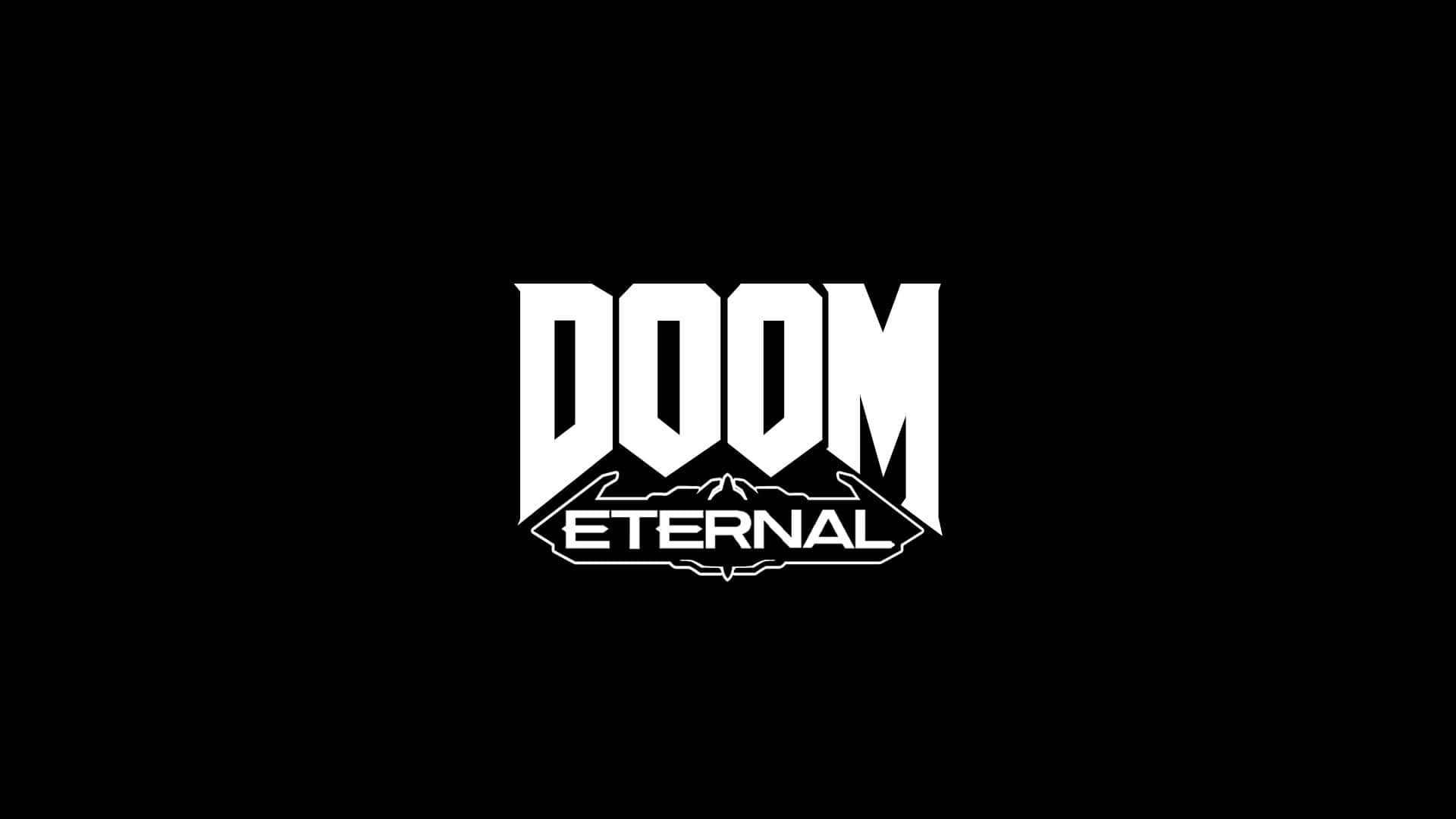 1920x1080《毀滅戰士：永恆》白色標誌背景 壁紙 — 大膽的白色Doom Eternal標誌居中於純黑色背景上，帶有銳利的角狀字體。