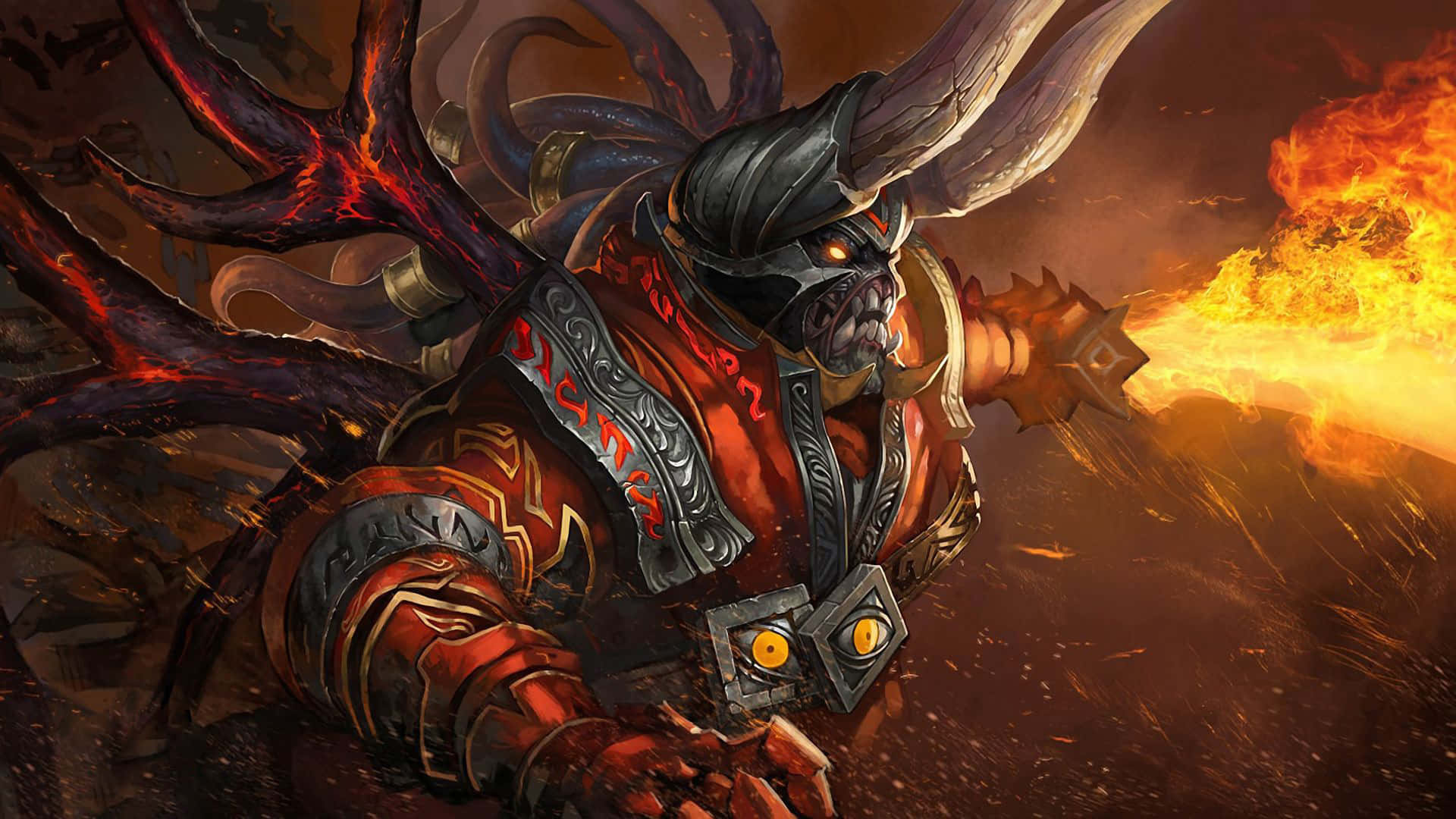1920x1080 毀滅者Dota 2背景 壁紙 — 一個擁有發光眼睛和火焰角的惡魔戰士，在煙霧瀰漫的戰場上釋放出熔化的能量爆炸。