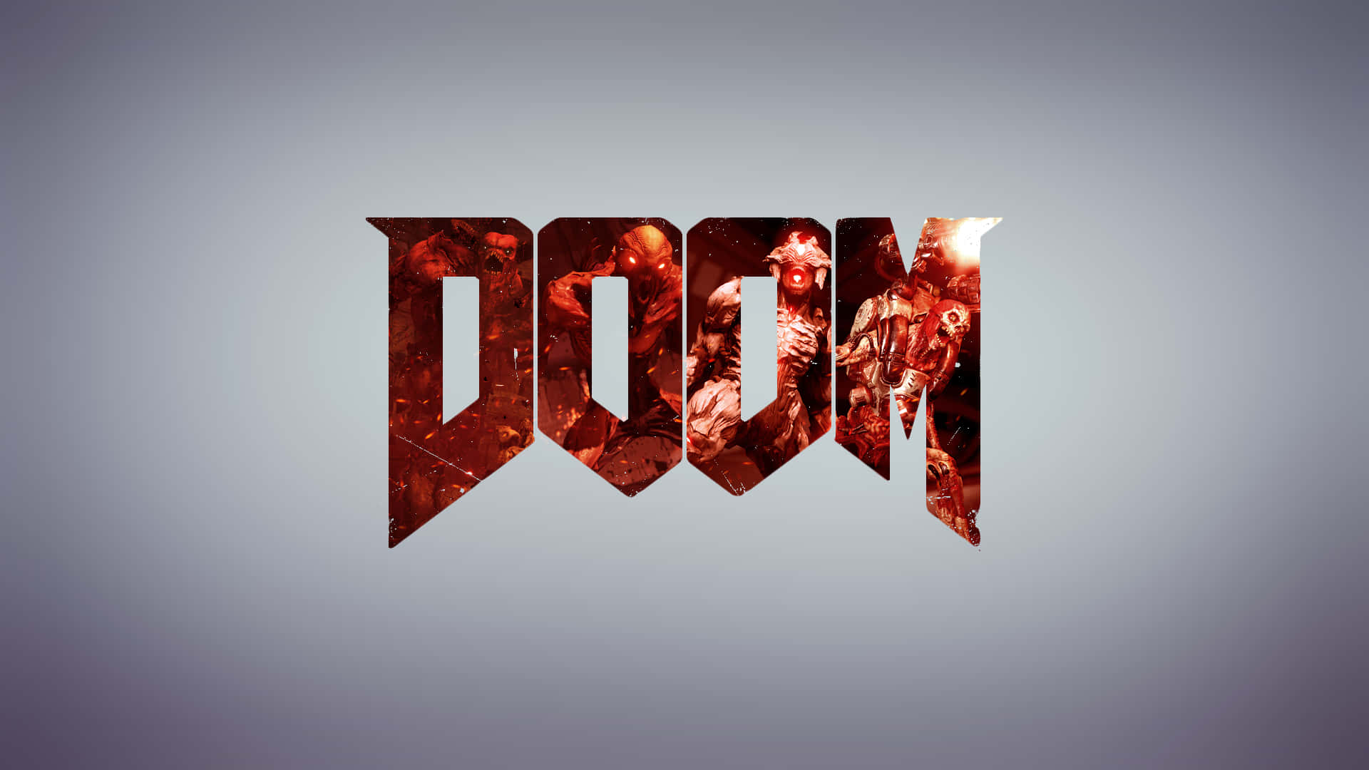 1920x1080 毀滅者標誌與紅色怪物背景 壁紙 — DOOM 這個詞以粗體紅色字母呈現，字母內充滿惡魔生物，背景為漸變灰色。