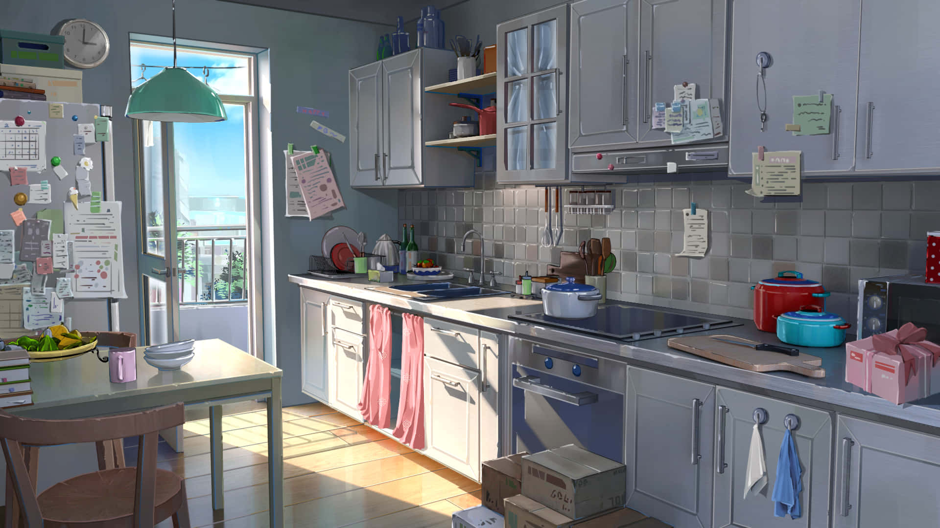 1920x1080 混亂動漫風格廚房背景 壁紙 — 一個明亮的陽光廚房，配有灰色櫥櫃、粉紅色毛巾和綠色吊燈，在瓷磚地板上投下溫暖的影子。