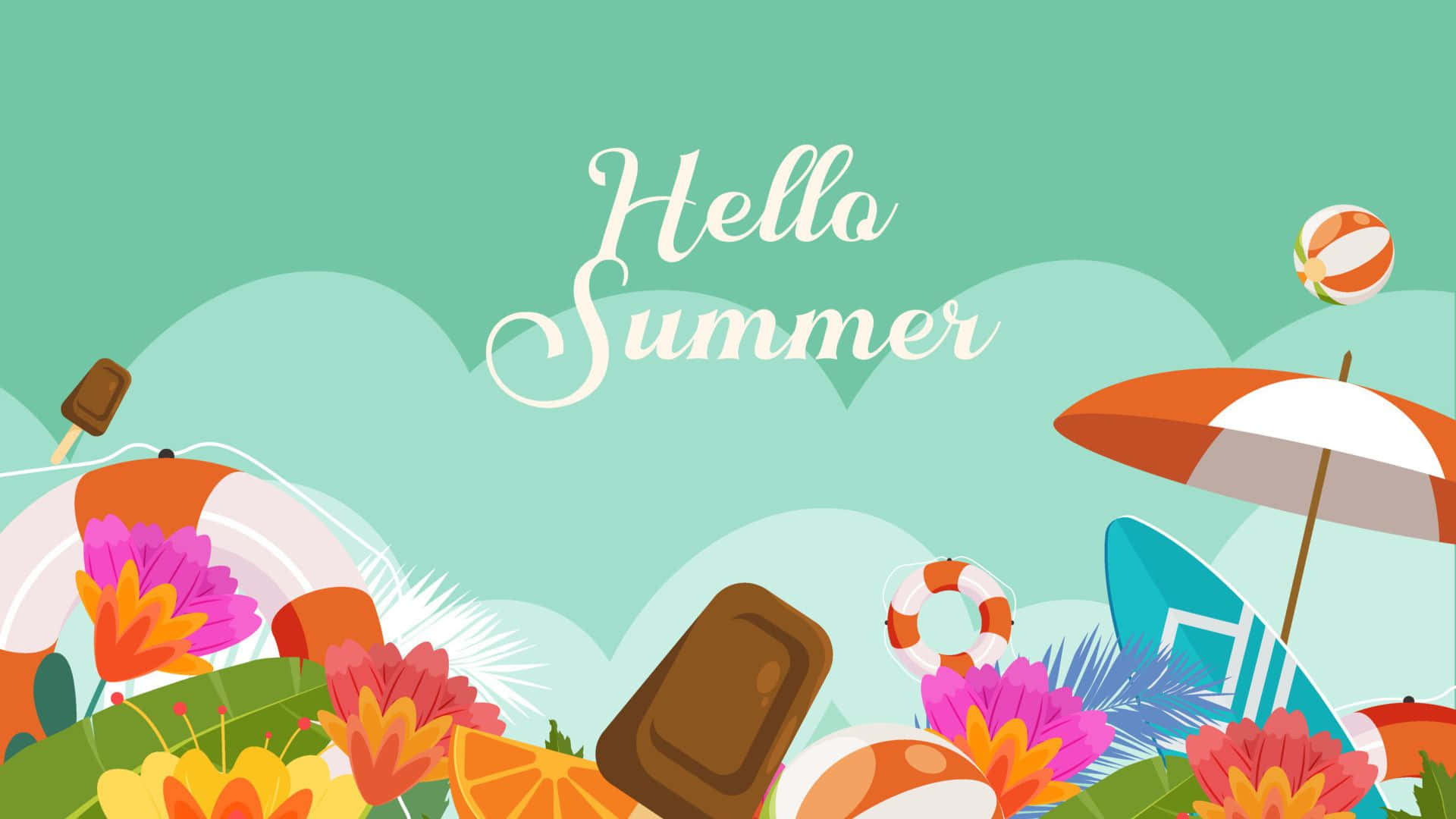 夏日場景，沙灘用品、鮮花和冰棒在青綠色天空下，帶有Hello Summer文字。