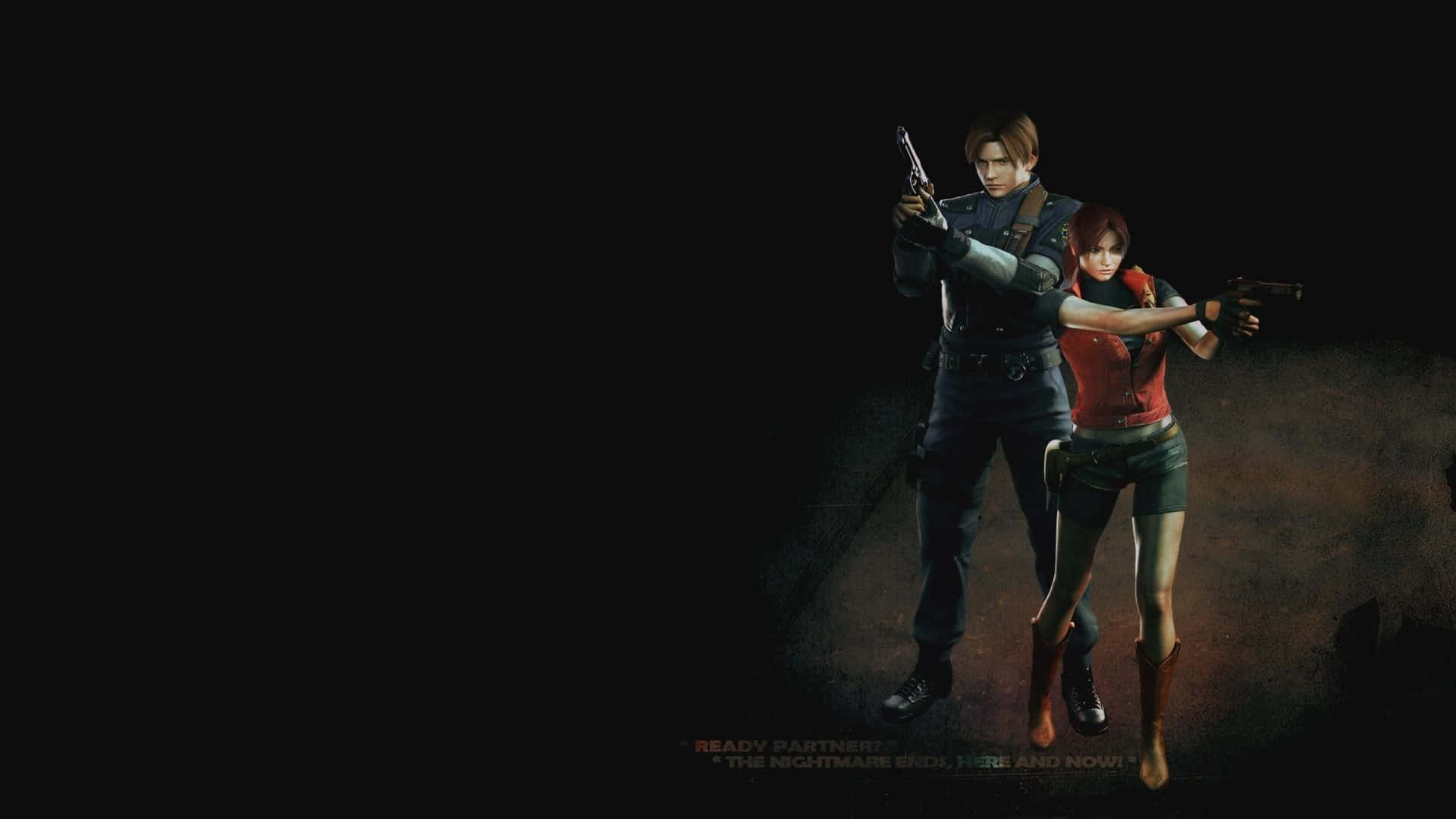 1920x1080《生化危機2》利昂與克萊爾持手槍背景 壁紙 — 兩個武裝角色在黑暗、陰影的環境中擺好姿勢，戲劇性的燈光凸顯了他們堅定的表情。