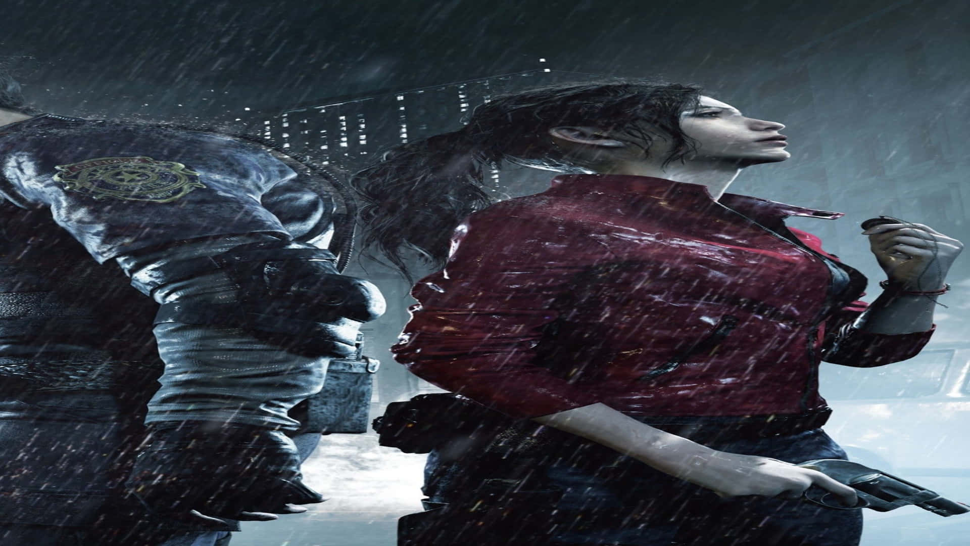 1920x1080《生化危機2》背景：雨中克萊爾·雷德菲爾德 壁紙 — 兩個角色在暴風雨中，一個穿著深色外套，另一個穿著紅色夾克，在雨中拿著槍。