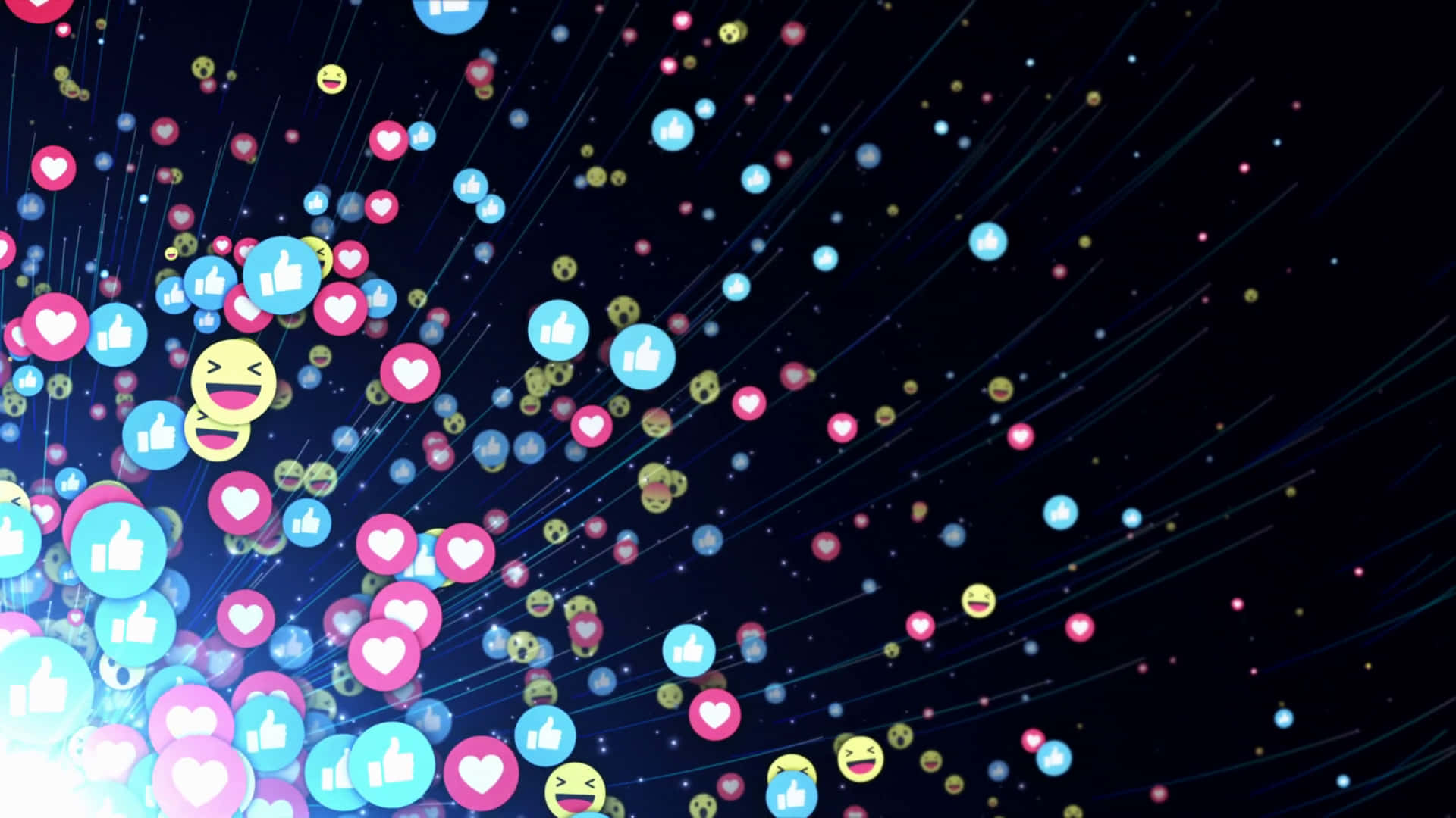 1920x1080 社交媒體背景 多種 Facebook 反應表情 壁紙 — 鮮豔的數位表情符號和心形在黑暗的宇宙背景上漂浮，如同星際虛空中的發光粒子。