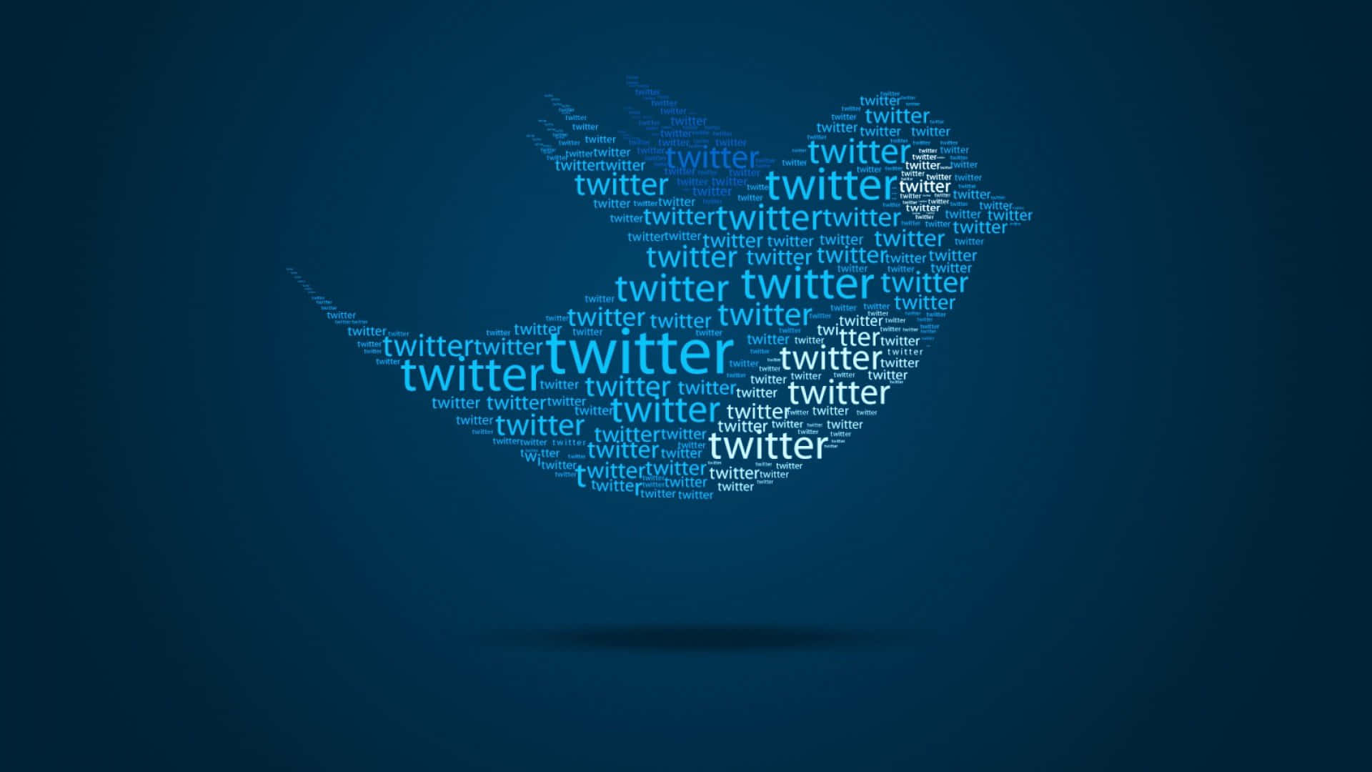 1920x1080 社交媒體背景 Twitter 鳥由「Twitter」字組成 壁紙 — 一個藍色Twitter鳥標誌，由重複的「twitter」文字在深藍色漸變背景上形成。