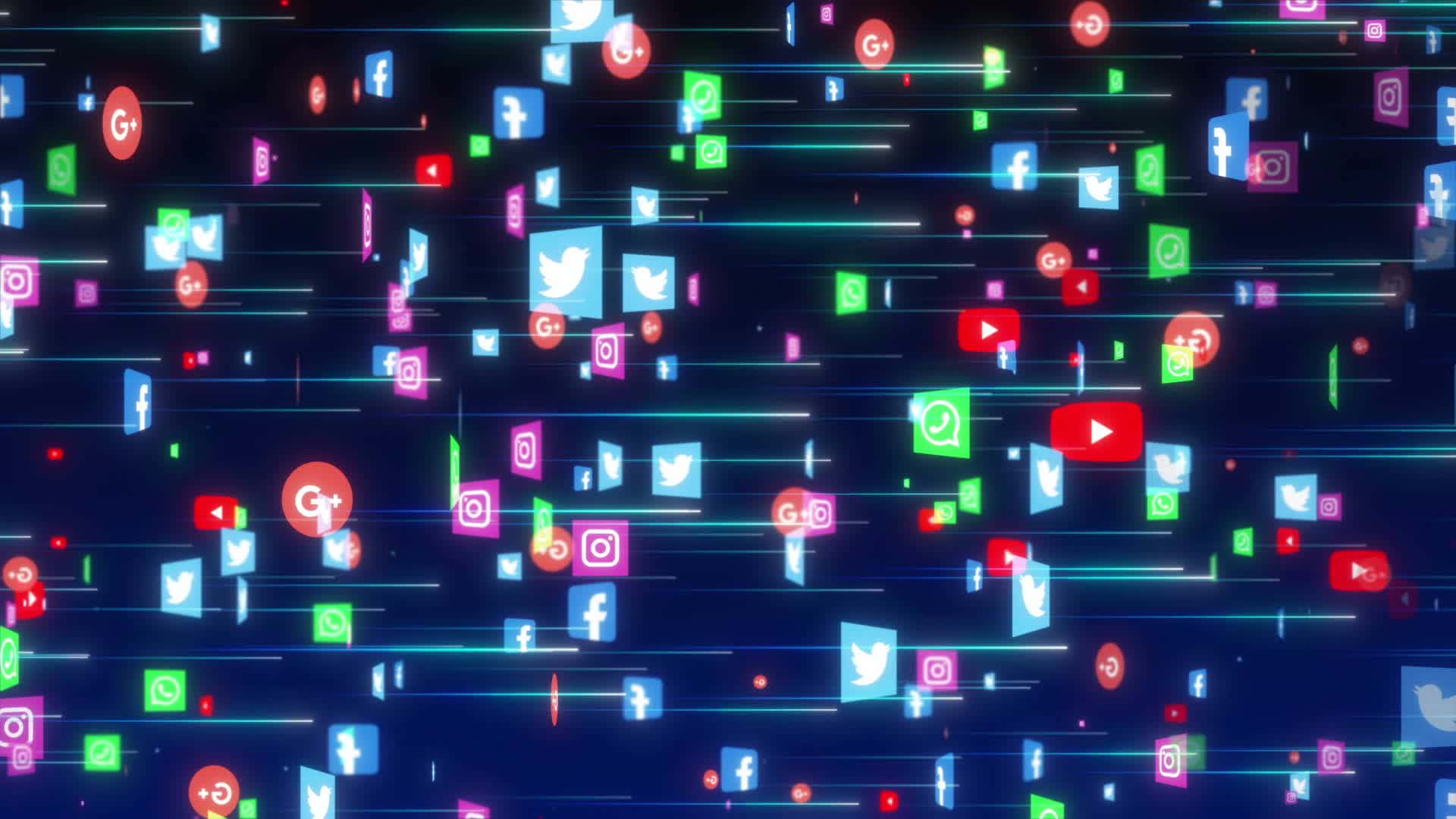 1920x1080 社交媒體背景 社交媒體標誌快速閃爍 壁紙 — 充滿活力的霓虹社交媒體圖標在黑暗的數字虛空中漂浮和劃過，呈現動態的賽博朋克風格。