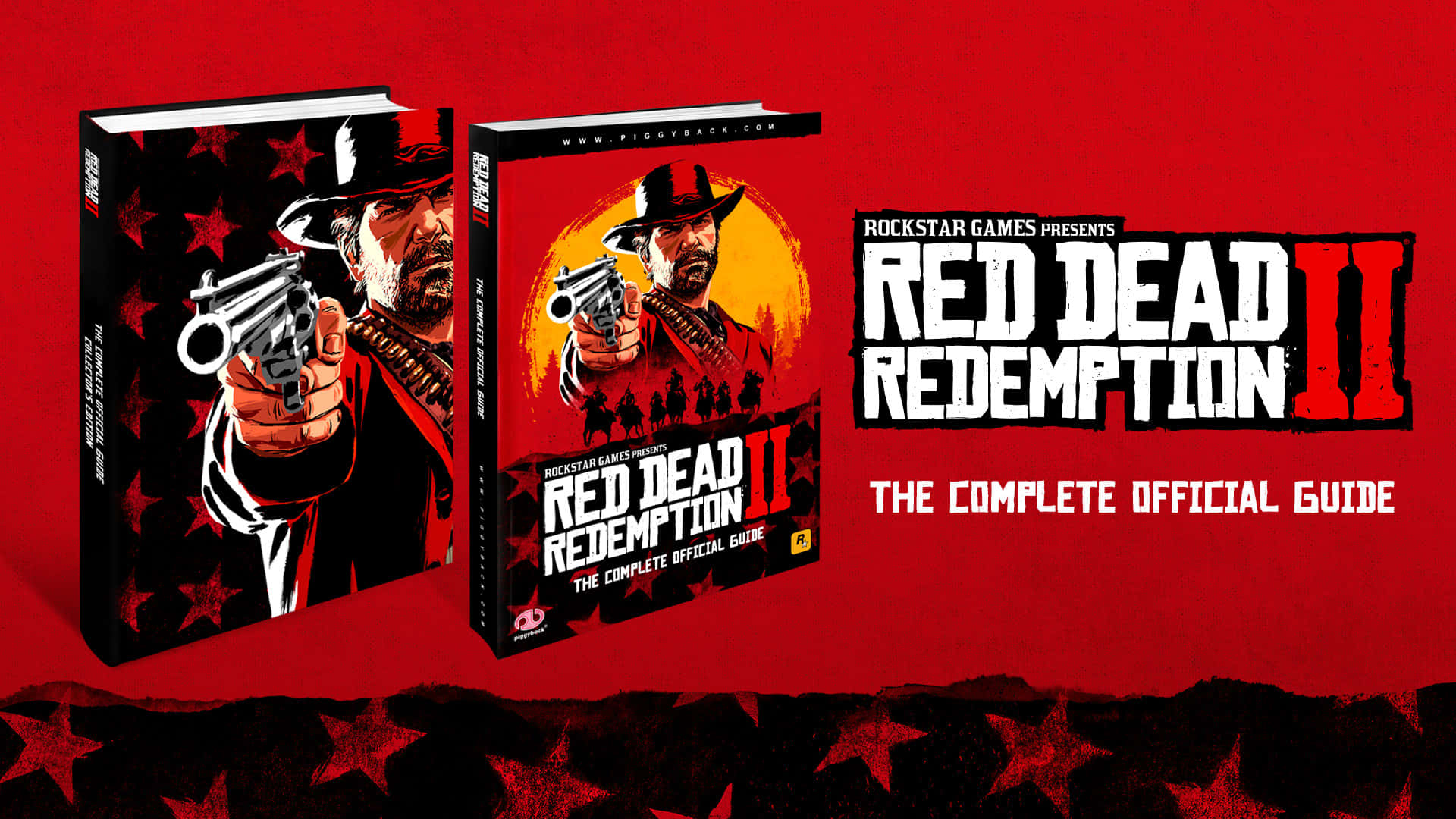1920x1080 紅色死神2 手冊海報模板壁紙 壁紙 — 兩本《Red Dead Redemption II》官方攻略本，放在帶有星星圖案和牛仔瞄準左輪手槍的醒目紅色背景前。