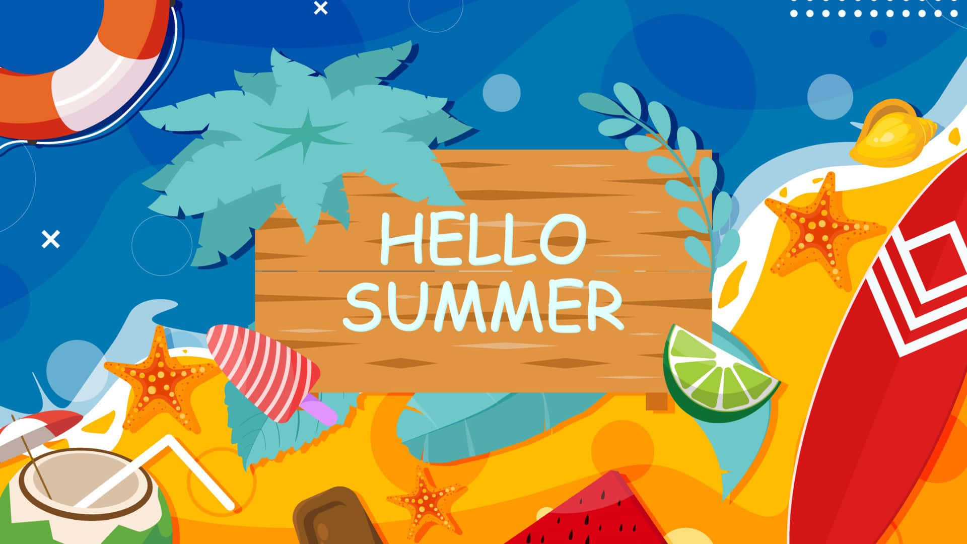 hello summer 標誌被沙灘物品如衝浪板、海星和熱帶飲料包圍。