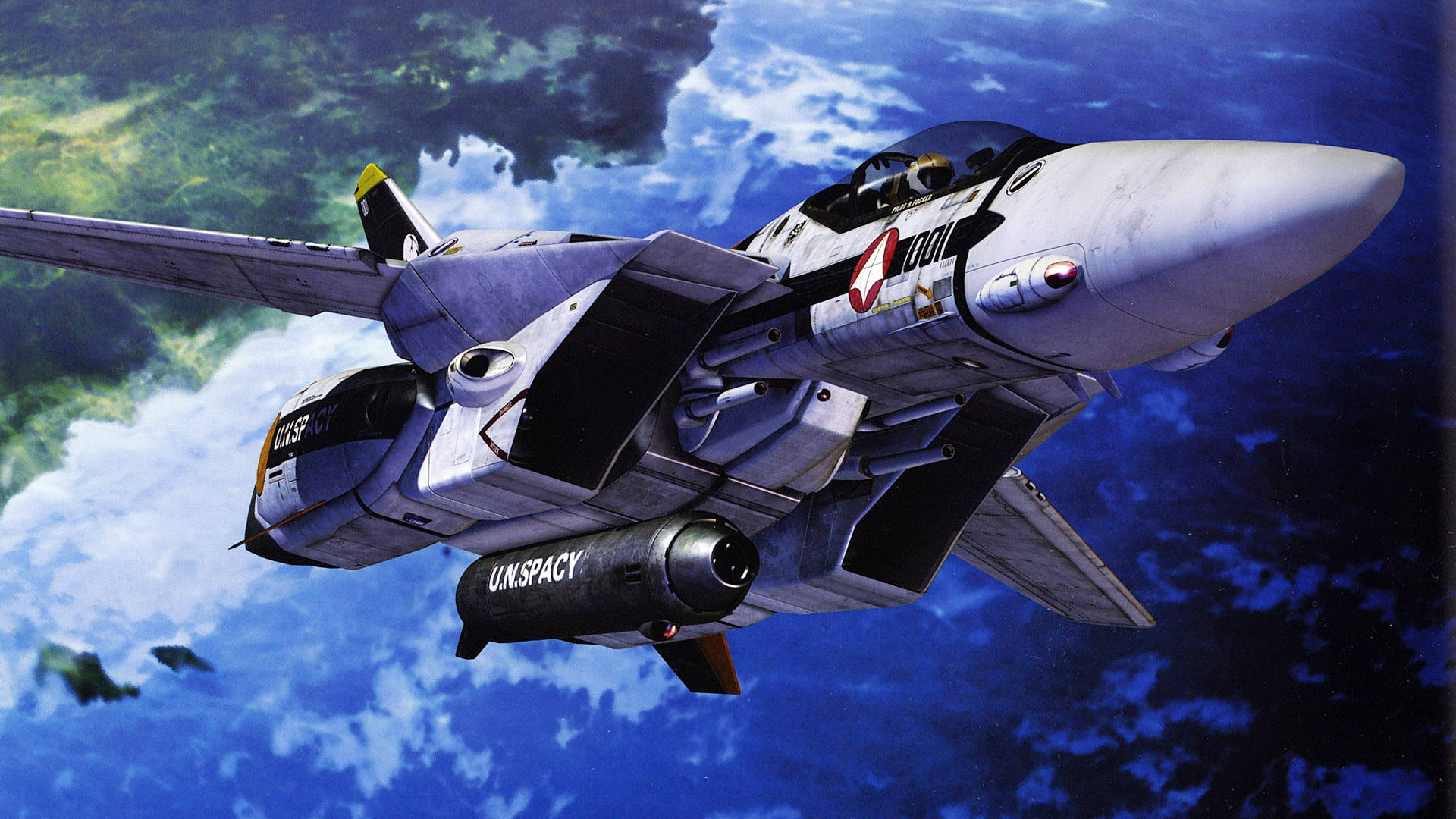 1920x1080 軍用戰鬥機 壁紙 — 一架流線型戰鬥機在陰天之下翱翔於地球的藍色海洋和綠色大陸之上。