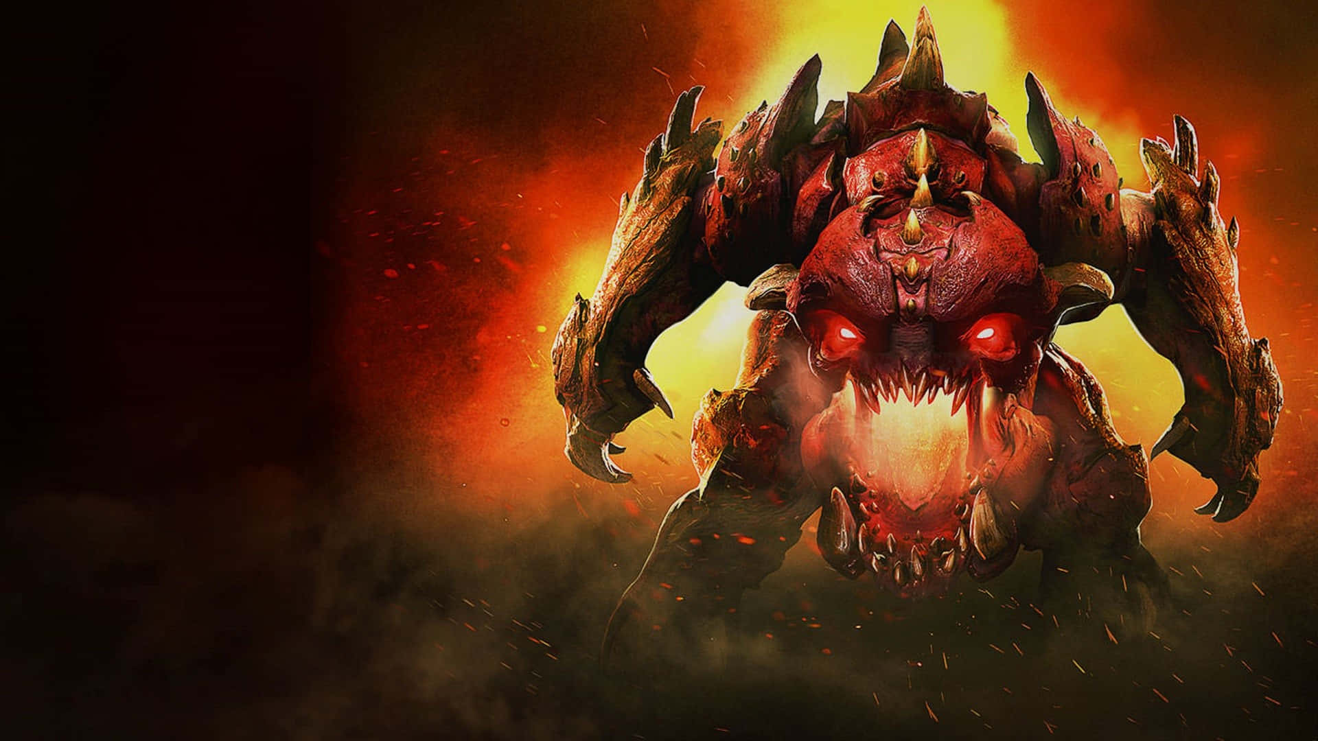 1920x1080 遊戲《Doom》巨型頭部怪物背景 壁紙 — 一個可怕的惡魔生物，有著發光的紅色眼睛和帶刺的四肢，從熾熱的煙霧中出現，背景是熊熊燃燒的橙色。