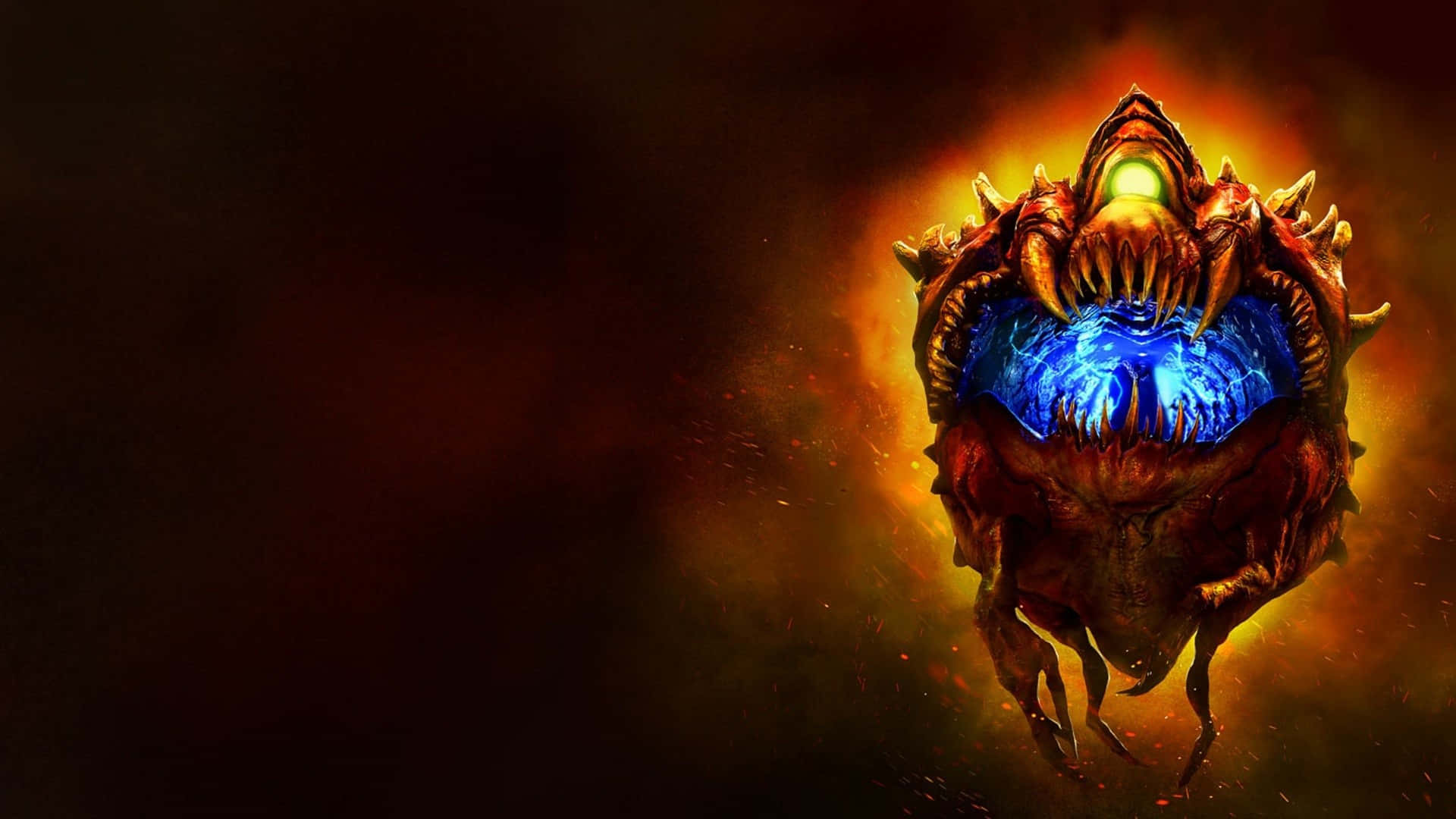 1920x1080 遊戲《Doom》Cacodemon 背景 壁紙 — 一個怪獸般的惡魔頭顱，有著發光的綠色眼睛和鋸齒狀牙齒，緊握著一個發光的藍色球體，背景是火熱的橙色和黑色。