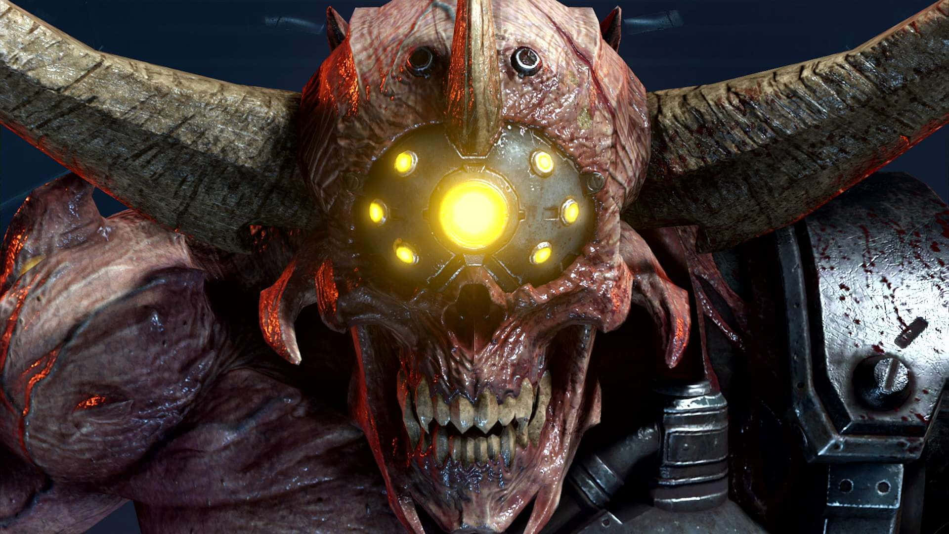 1920x1080 遊戲《Doom》獵人Boss背景 壁紙 — 一個怪誕的惡魔生物，擁有發光的黃色眼睛和巨大的角，在黑暗背景下威脅地凝視。