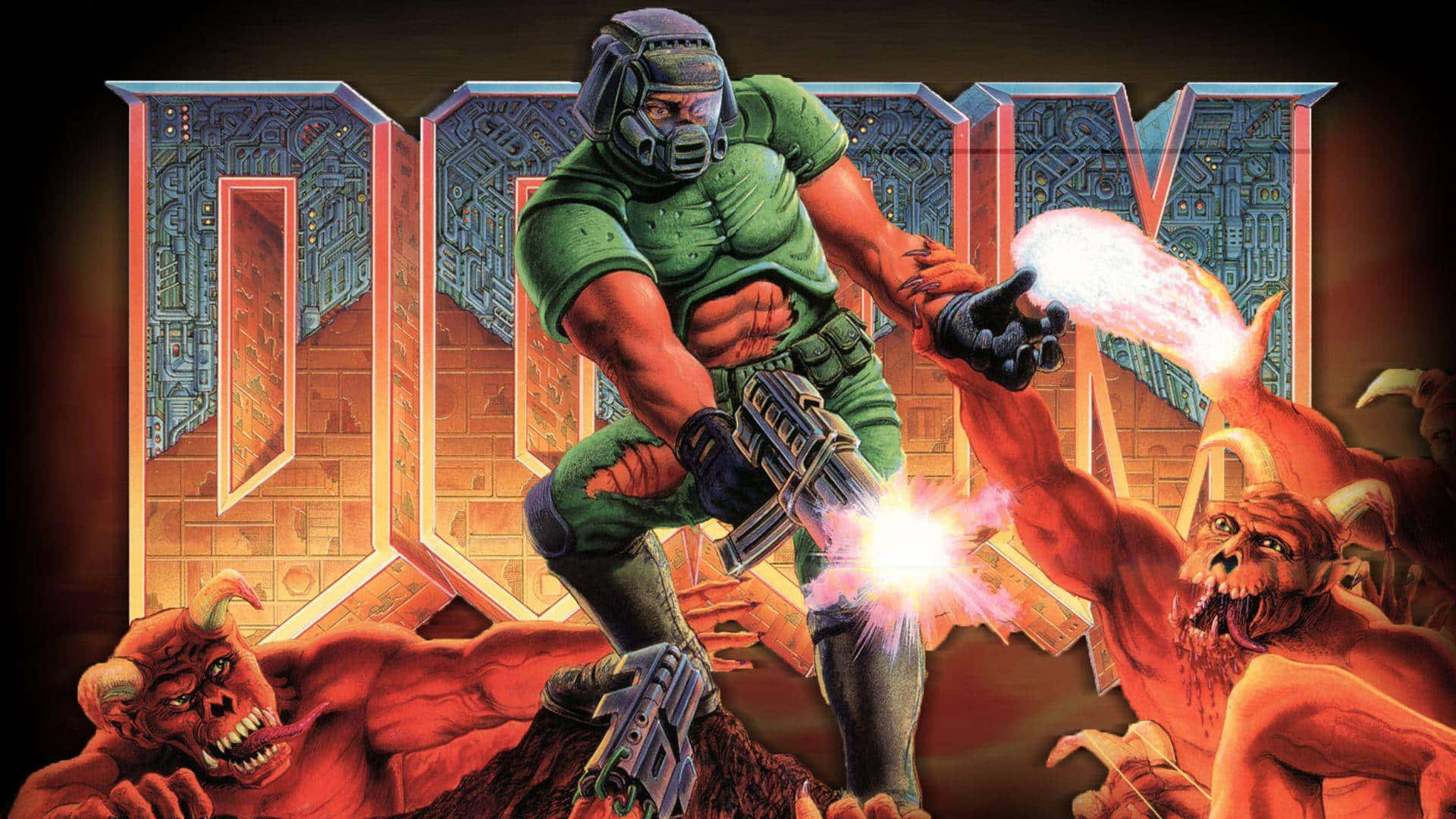 1920x1080 遊戲《Doom》復古海報背景 壁紙 — 一名身穿綠色盔甲的戰士在發光的「DOOM」字樣下向惡魔生物開火。