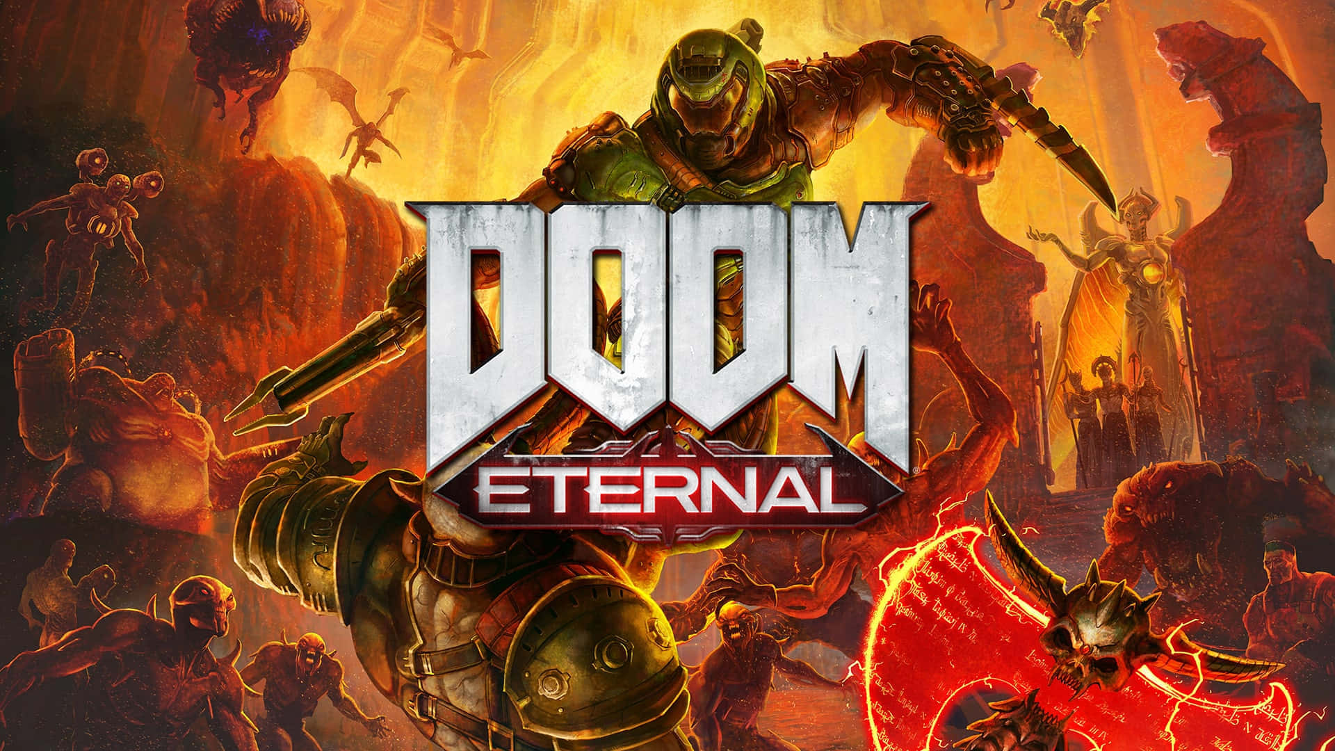 1920x1080 遊戲《Doom Eternal》標題海報背景 壁紙 — 一個身穿綠色盔甲的惡魔戰士衝過一個充滿怪誕怪物和發光紅色頭骨的火熱地獄景觀。
