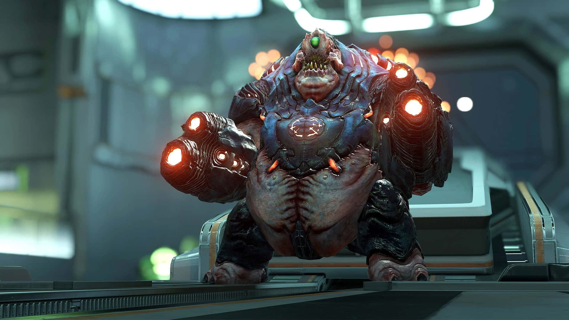 1920x1080 遊戲《Doom》曼庫伯斯持槍背景 壁紙 — 一個怪誕的生物機械怪物，有著發光的紅色眼睛和武裝手臂，威嚇地站在未來科幻走廊中。