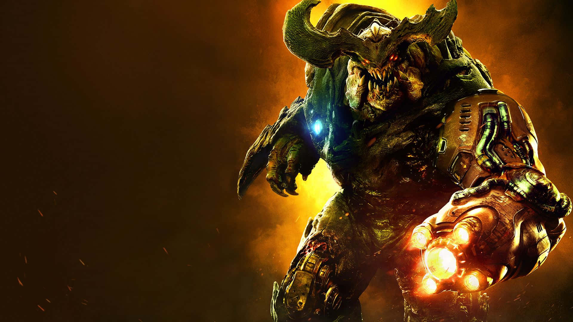 1920x1080 遊戲《Doom》賽博德蒙黃色背景 壁紙 — 一個身穿重甲、頭上有角的惡魔戰士，在熾熱的橙色背景下握著一把發光的武器。