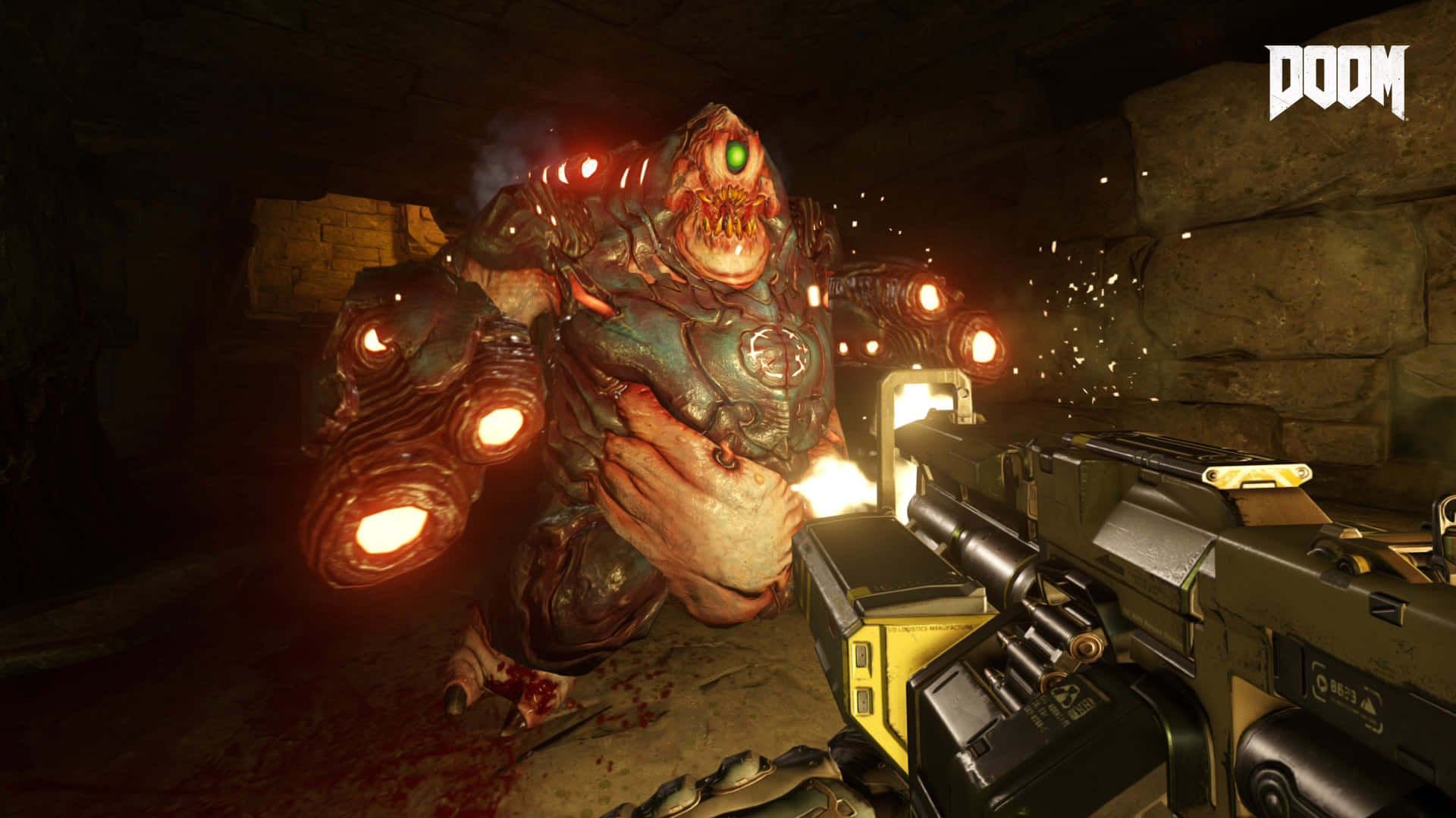 1920x1080 遊戲《Doom》第一人稱視角曼庫伯斯背景 壁紙 — 一個擁有發光紅眼和多個火球的怪誕惡魔生物從石頭廢墟中撲出，而玩家正發射重型武器。