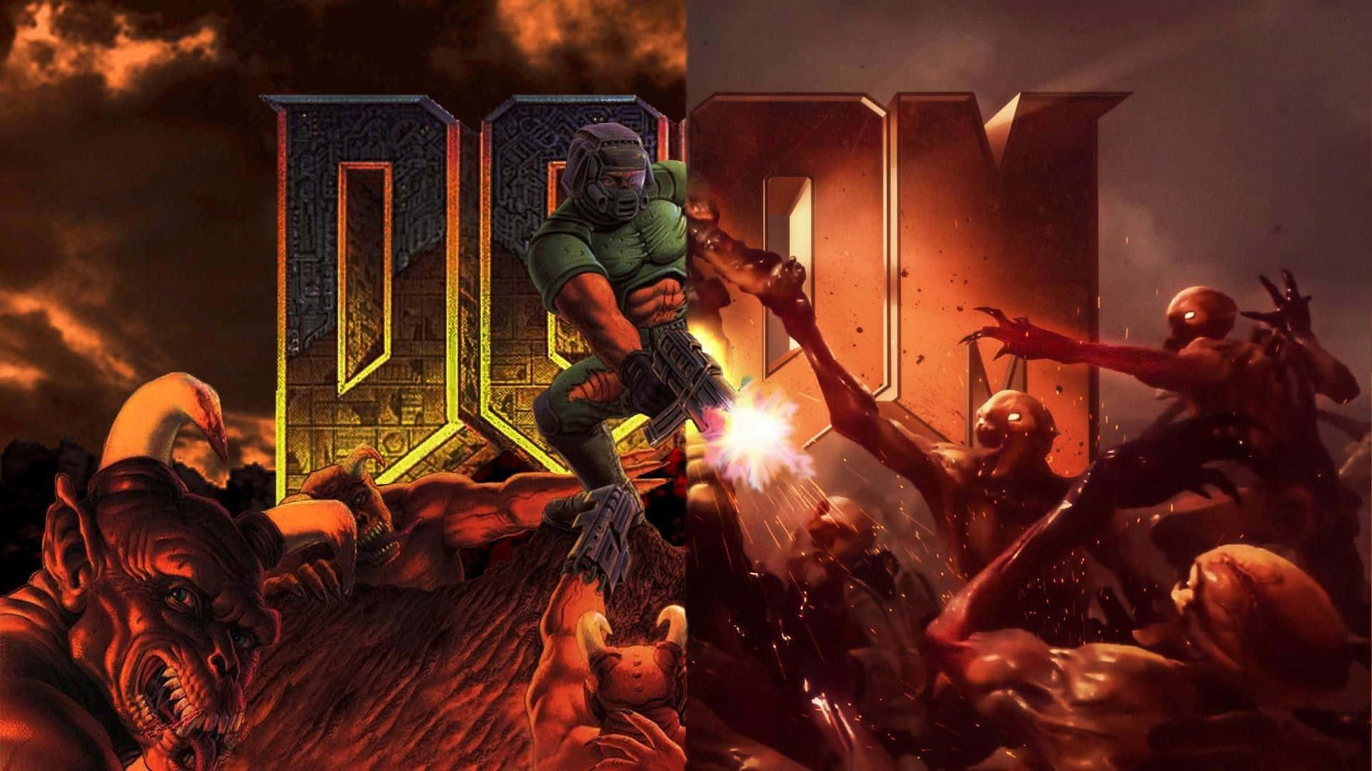 1920x1080 遊戲《Doom》合輯海報背景 壁紙 — 一個肌肉發達的戰士穿著綠色盔甲，在火熱的天空下向怪誕的惡魔生物發射發光的武器。