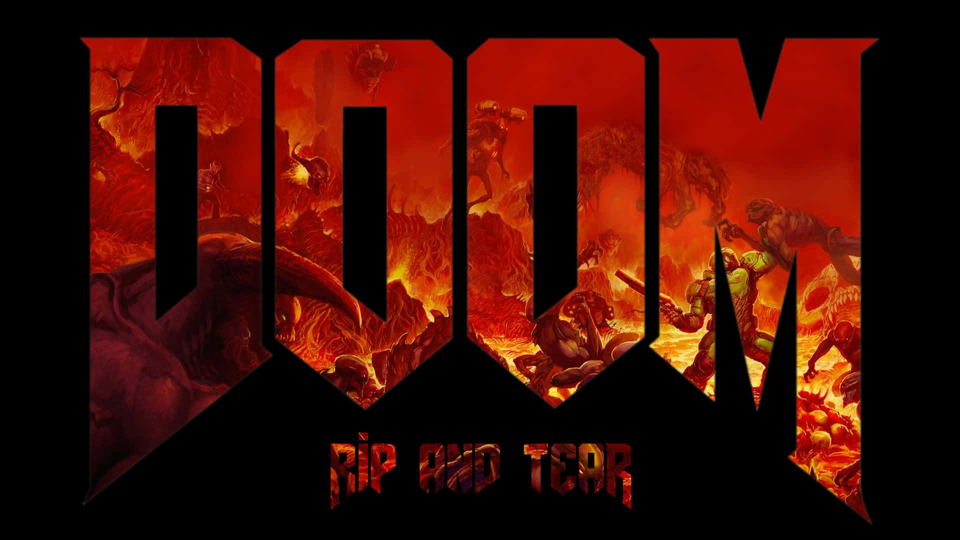 1920x1080 遊戲《Doom》撕裂海報背景 壁紙 — DOOM 一詞以火紅色的字母發光，惡魔生物在熔岩和地獄火焰中戰鬥。