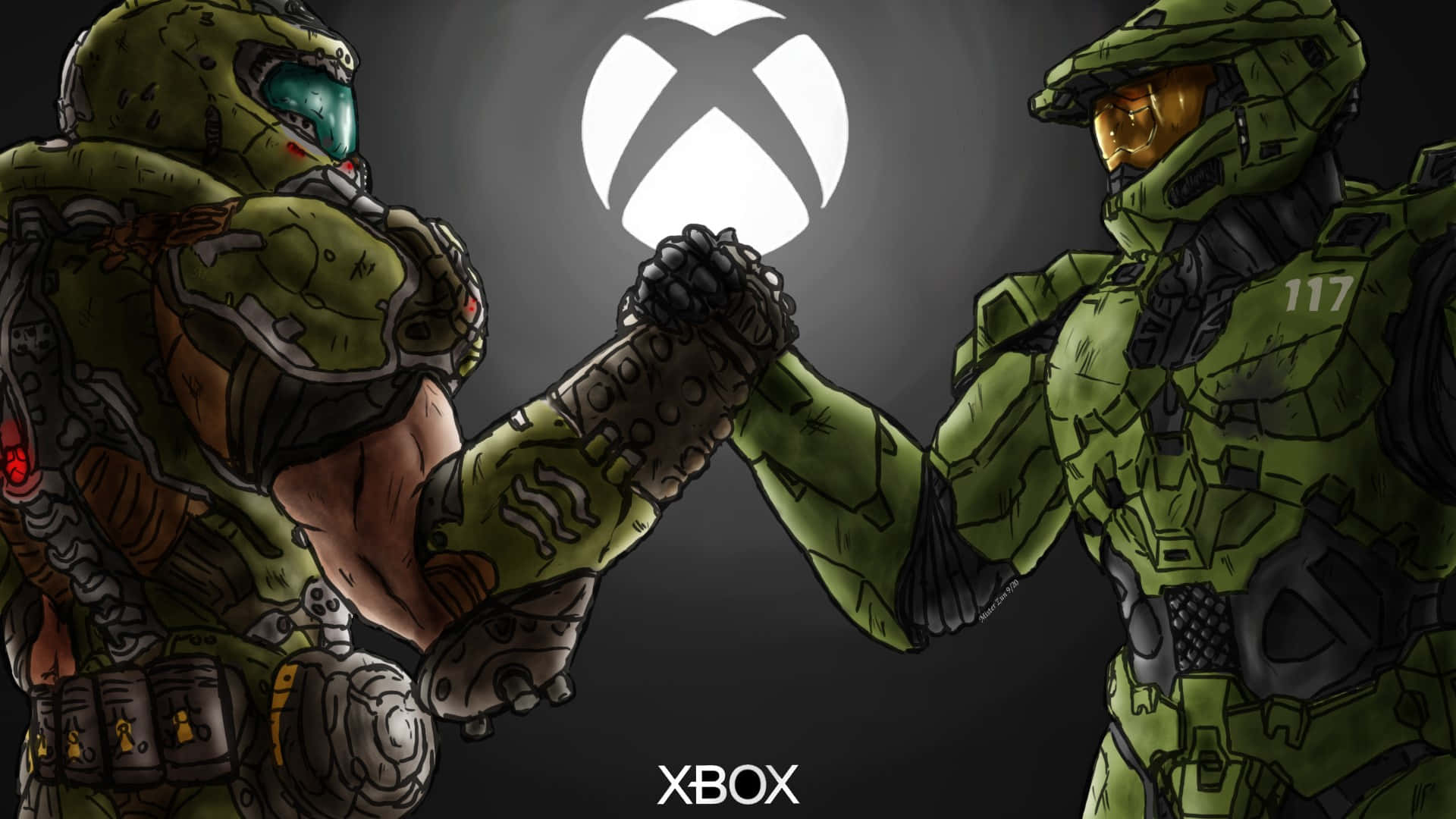 1920x1080 遊戲《Halo》與《Doom》角色握手背景 壁紙 — 兩名身穿綠色戰鬥裝備的裝甲士兵在發光的Xbox標誌下有力地碰拳。