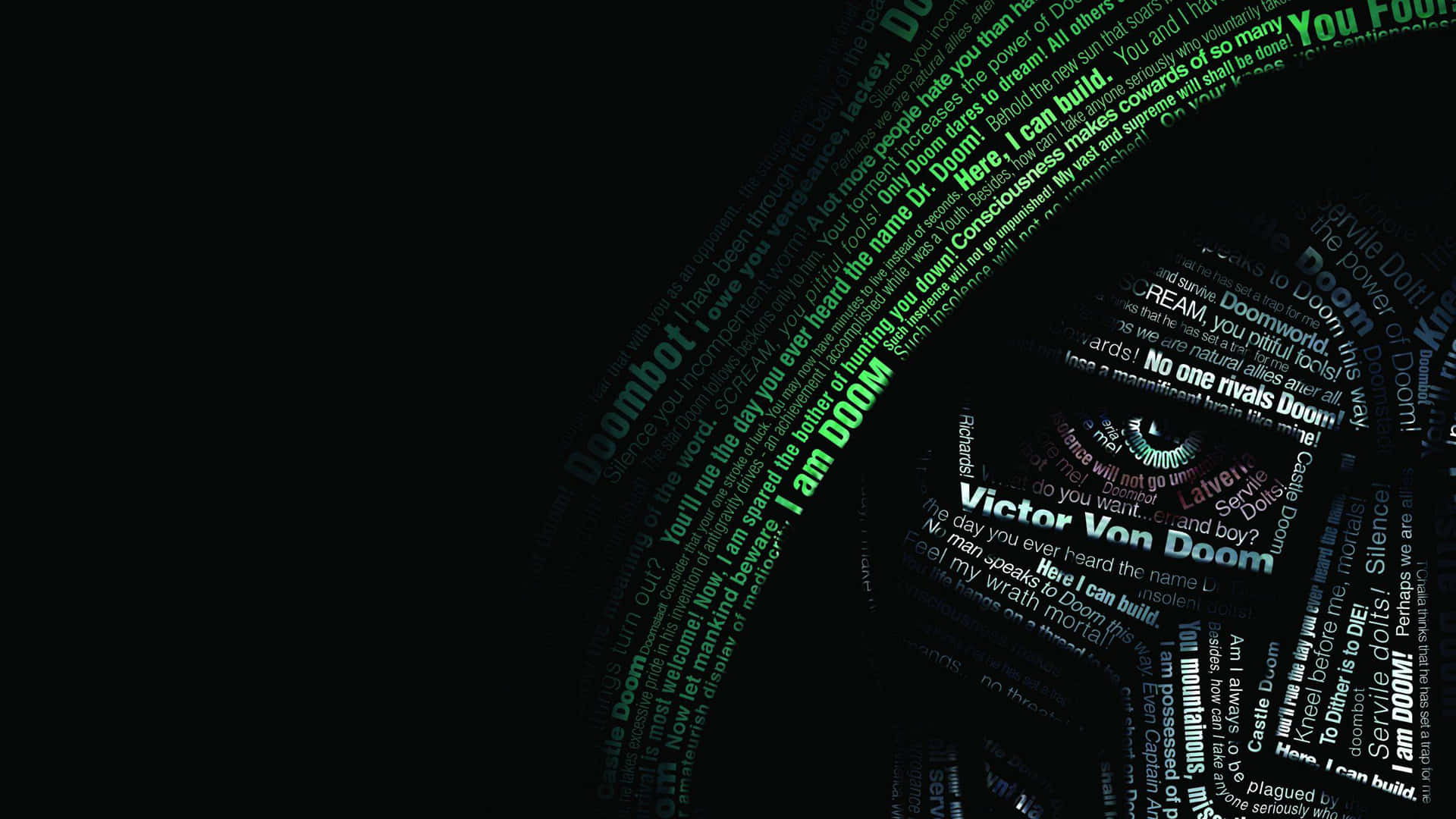 1920x1080 醫生毀滅者臉上寫字背景 壁紙 — 深色背景，旋轉文字揭示發光的綠色眼睛和名字 Victor Von Doom，周圍環繞引號。
