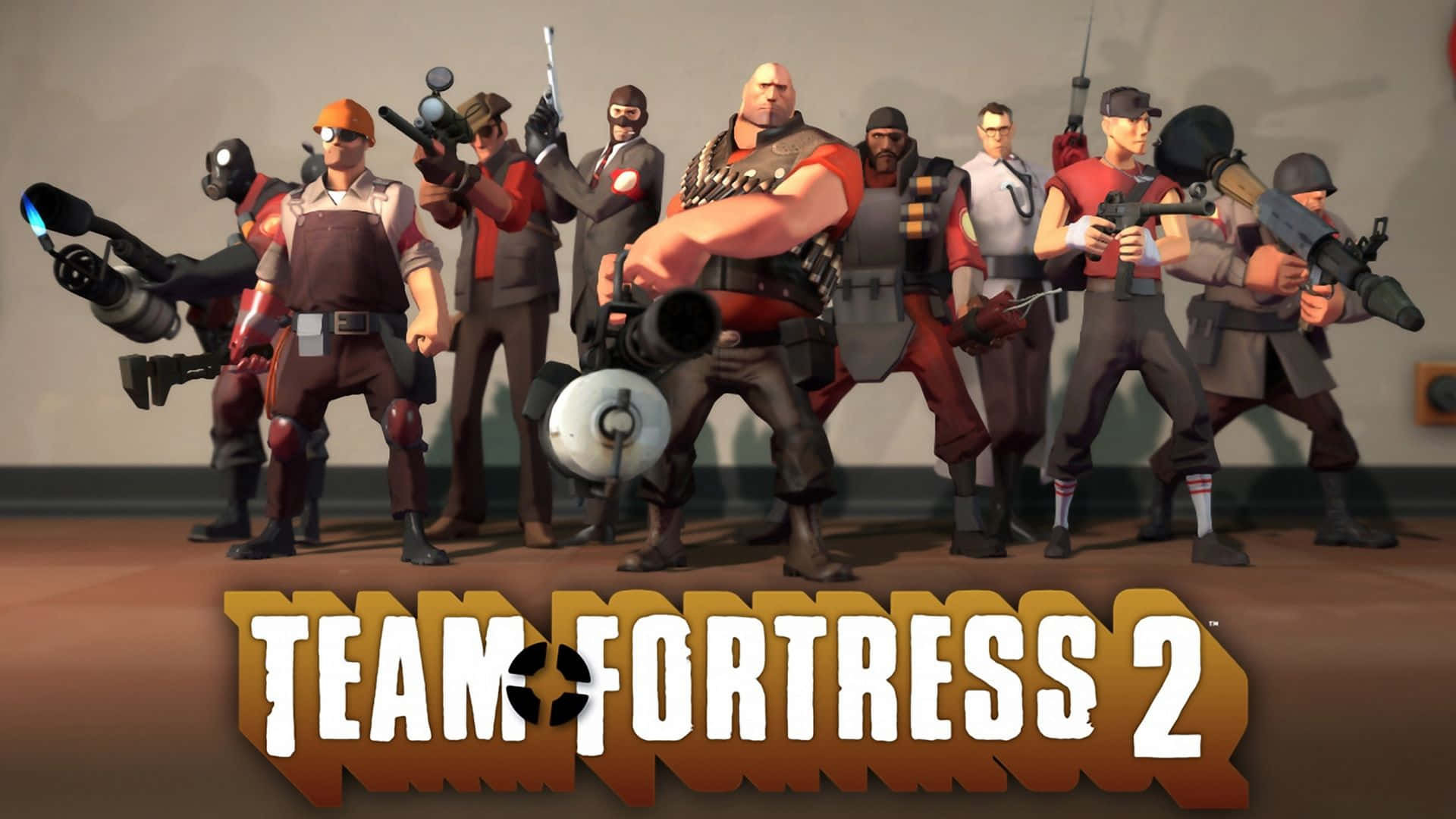 Team Fortress 2 角色身穿戰鬥裝備，手持各種武器。