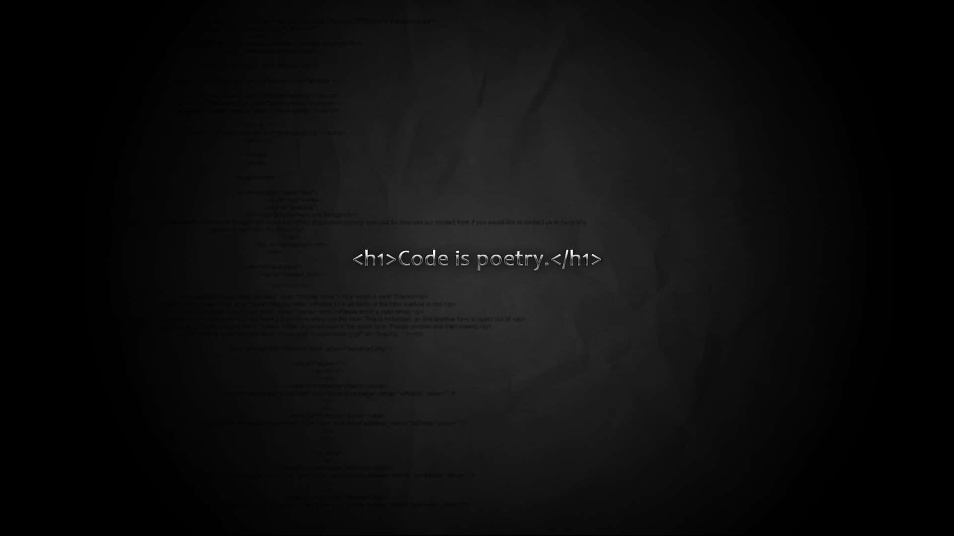 深色紋理背景，帶有發光文字「Code is poetry」，周圍環繞著微弱的程式碼行。