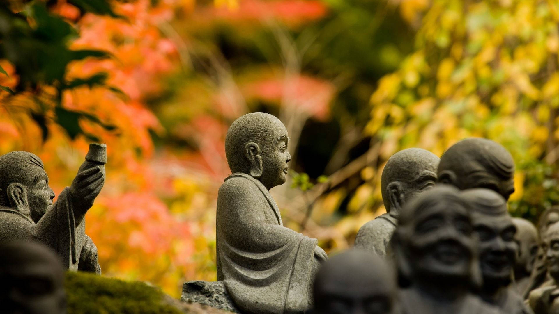 1920x1080 高清自然佛像庭園 壁紙 — 寧靜的日本花園中，石雕的祥和僧侶坐落在色彩繽紛的秋葉之間。