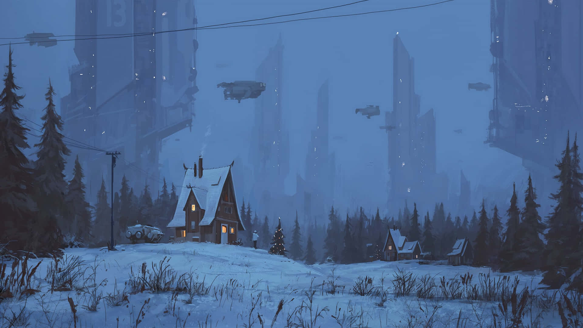 1920x1080 高畫質聖誕村 壁紙 — 一間舒適的雪覆蓋小屋在暮色天空下，對著未來主義的城市景觀（有飛行車輛和高聳摩天大樓）溫暖地發光。